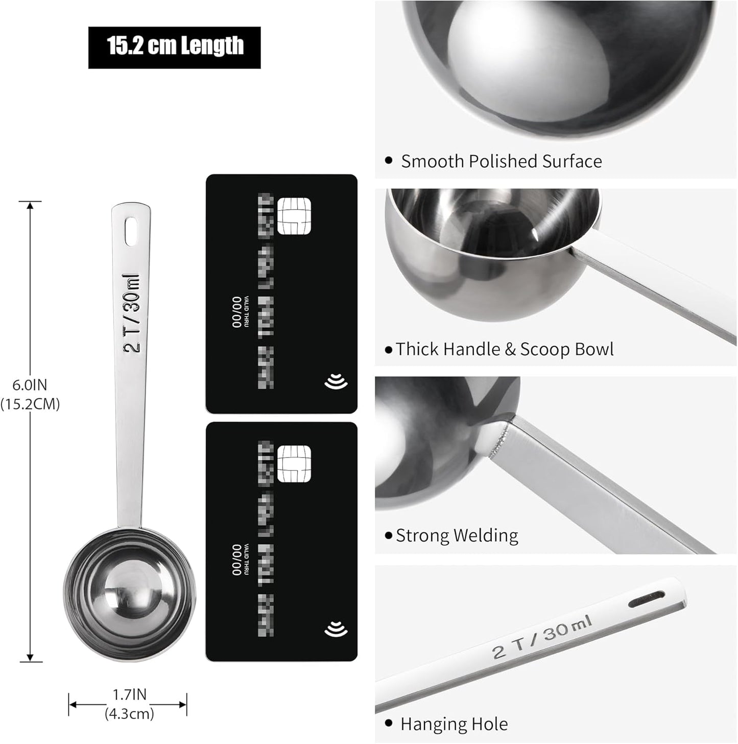 18/8 Stainless Steel Coffee Scoop, Doosu Food-Grade Metal Measuring Spoon with 4.3in Long Handle, Tablespoon Scooper for Coffee Beans, Ground Coffee, Espresso, Protein Powders, Tea, Sugar (2 Tbsp)