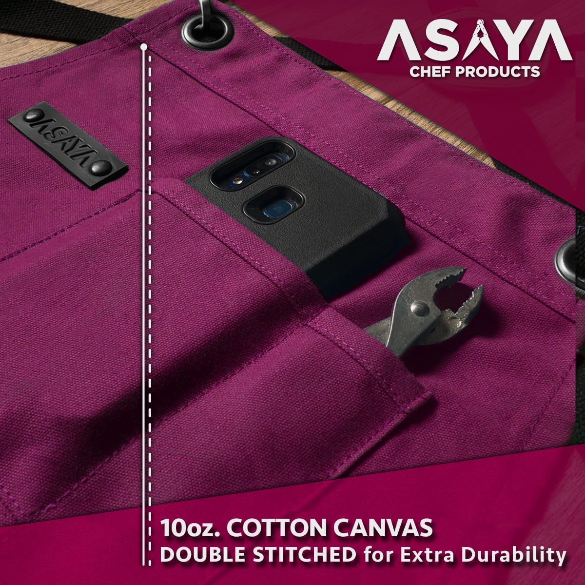 Asaya Chef and BBQ Apron with Bottle Opener and Hand Towel - 10oz Cotton Canvas, Stainless Steel Hardware - Cross Back Straps