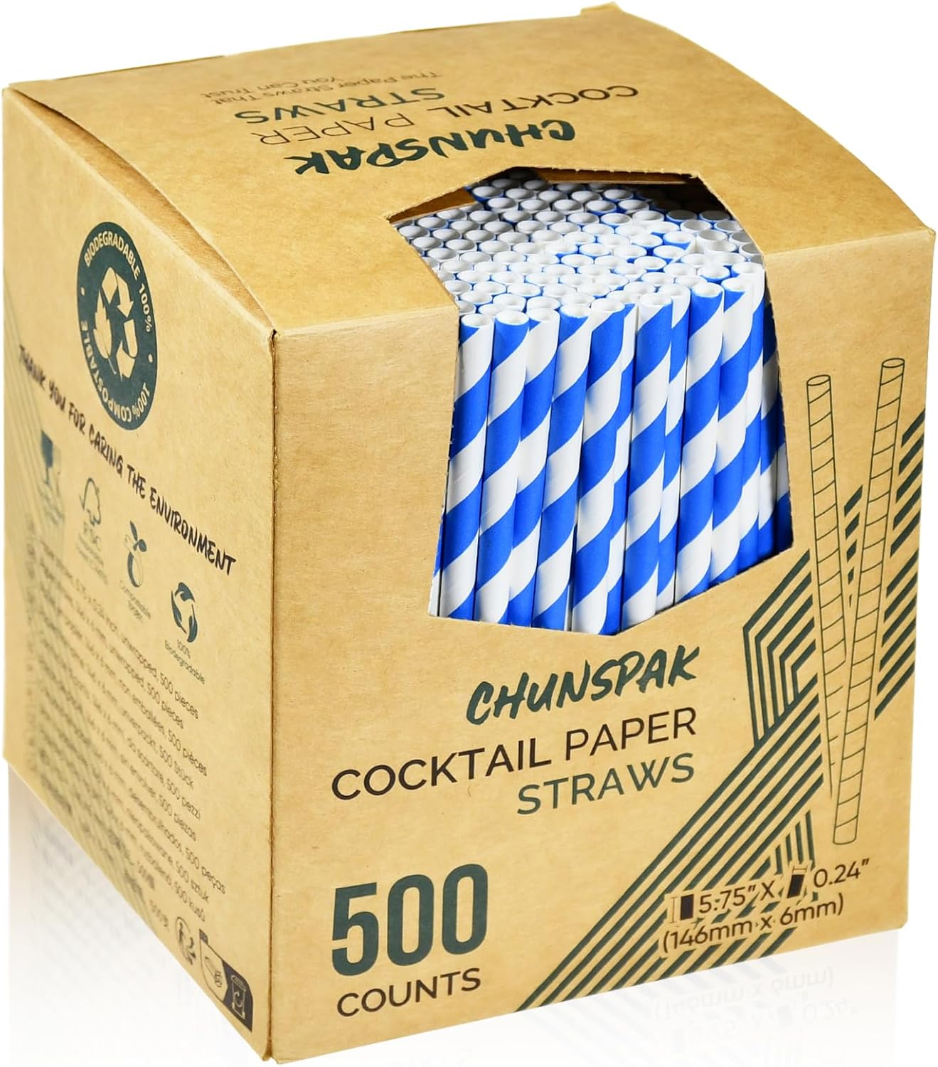 5.75 inch Blue/White Striped Paper Straws & Stirrer Sticks 500 Counts, for Cocktail, Coffee, Bars and Restaurants, Disposable