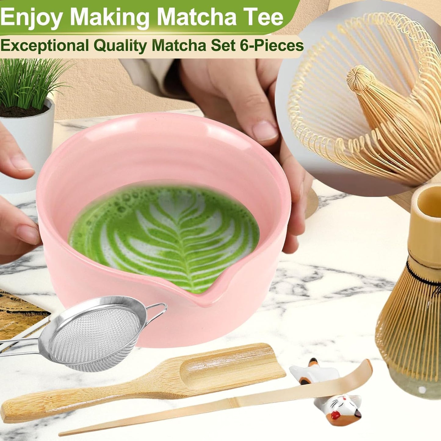 7 Pcs Matcha Whisk Set, Matcha Set with Ceramic Bowl, Whisk, Bamboo Spoon, Whisk Holder, Sifter, Scoop and Holder, Matcha Kit for Matcha Lover (Pink)