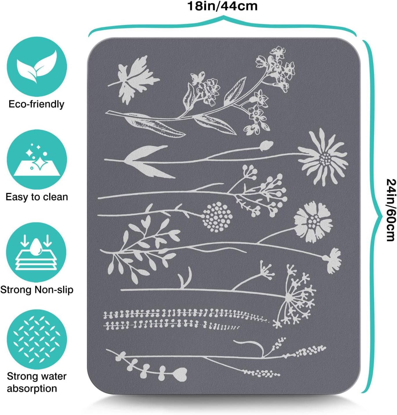 Rubber Dish Drying Mat for Kitchen Counter Large Grey Washable Quick Home Coffee Pad Fit Under Sink,Bar,Utensils or Stemware (24x18in)