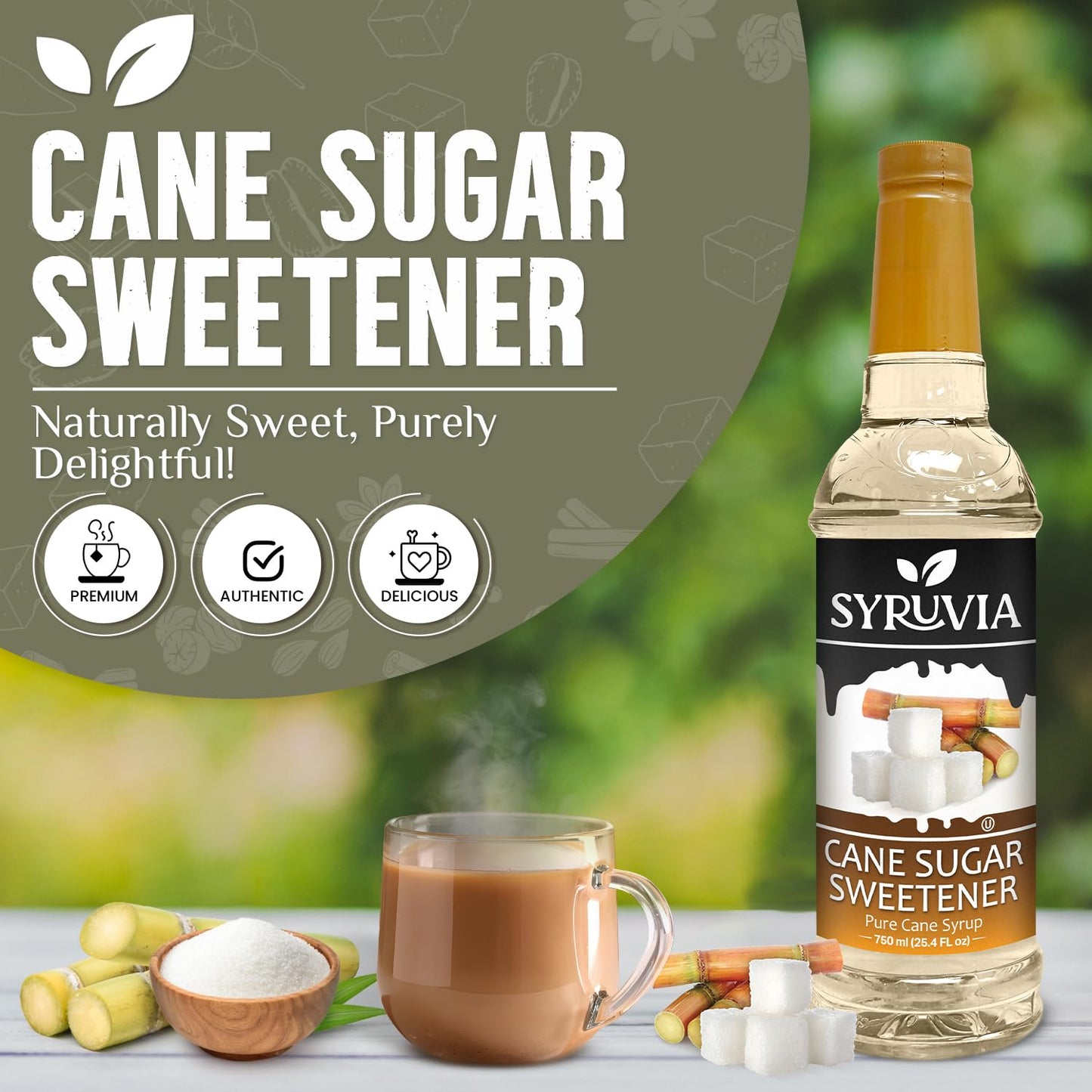 Syruvia Cane Sugar Sweetener Coffee Syrup - 25.4 fl oz. Premium Coffee Flavoring Syrup. Kosher and Gluten-Free. Perfect for Enhancing Drinks, Sodas, Shakes, Desserts, and More.