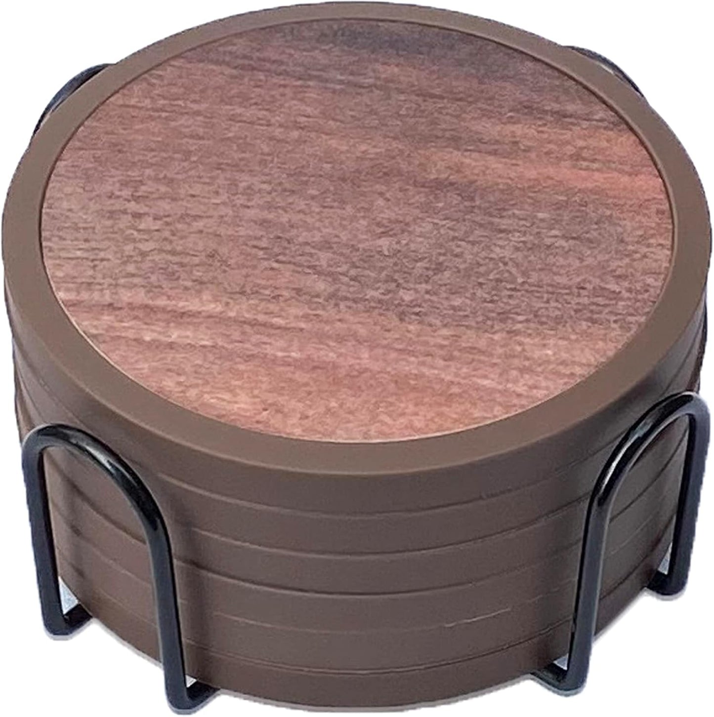 Absorbent Coasters for Drinks with Holder - 6packs, Silicone Coaster with Soft Felt Insert (4.3 inch Coasters with 4.5 inch Holder, Wooden Style)