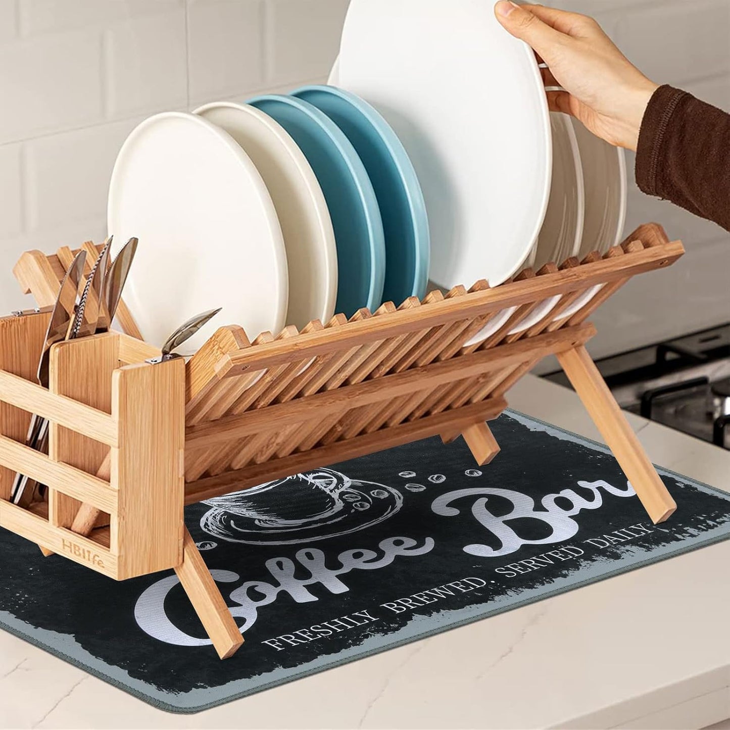 SHACOS Coffee Mat 2-Pack 12x19 Inch Absorbent Non Slip Coffee Maker Mats for Countertop Coffee Bar Accessories Dish Drying Mat Waterproof Heat Resistant, Vintage Black