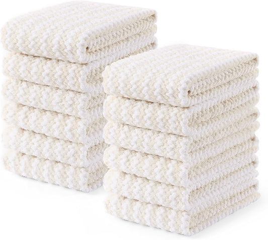 Homaxy Kitchen Towels(12 Pack, 10 x 20 inches), Ultra Soft and Absorbent Dish Towels, Reusable Fast Drying Microfiber Cleaning Cloth, Coral Velvet Wave Design No-lint, Beige