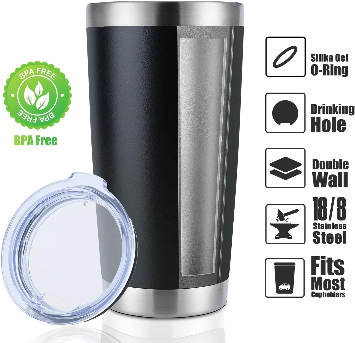 DOMICARE 20oz Stainless Steel Tumbler Bulk with Lid, Double Wall Vacuum Insulated Travel Mug, Powder Coated Coffee Cup, Powder Black, 1 Pack