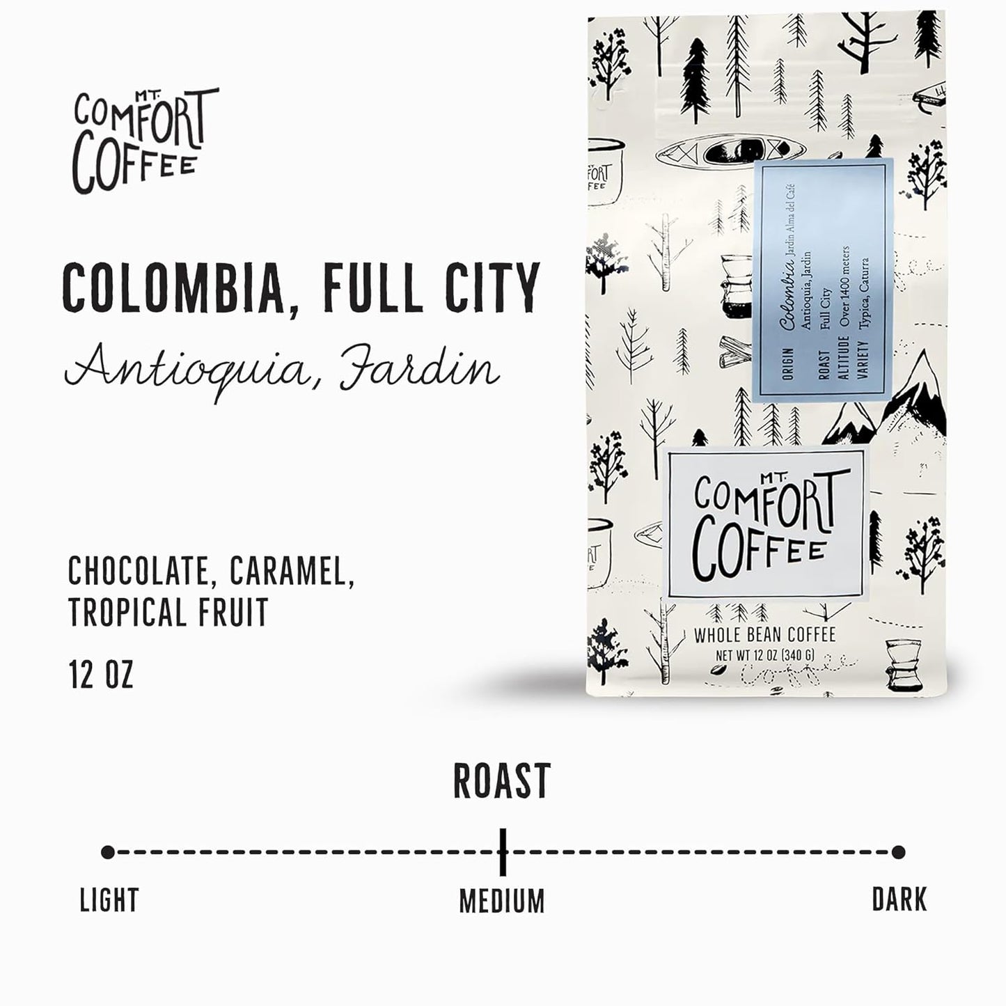 Mt Comfort Coffee Colombia Full City Roast, 12 oz Bag - Bold & Robust Arabica Beans from Colombia, Full City Roasted for Rich Flavor - Sourced From Small, Colombian Coffee Farms - Roasted Whole Beans