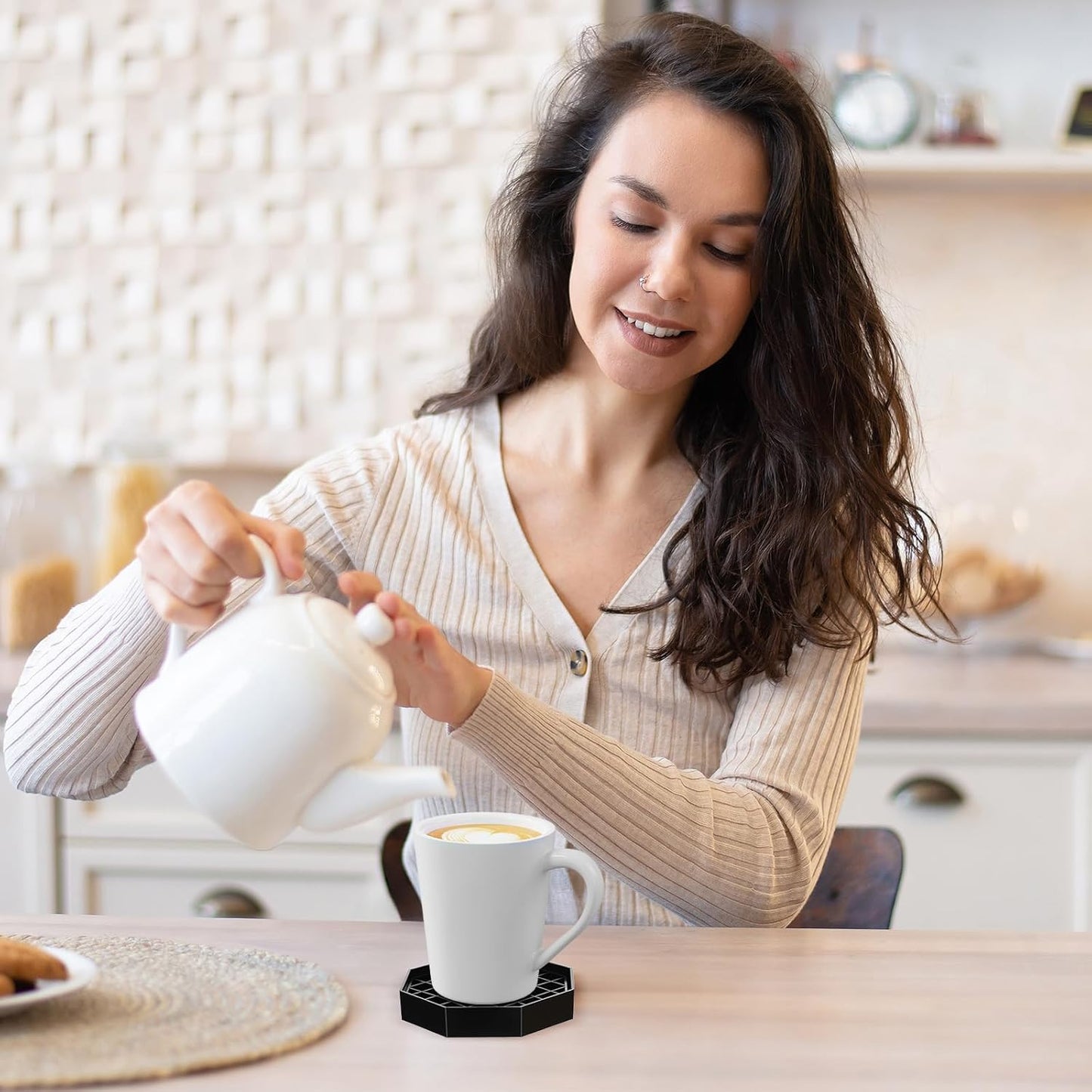 2 Pcs 4 Inch Coffee Drip Tray, Octagonal Drip Catcher Tray with Honeycomb Grid, Spill Coaster for Coffee, Tea, Wine, Beverage, Black