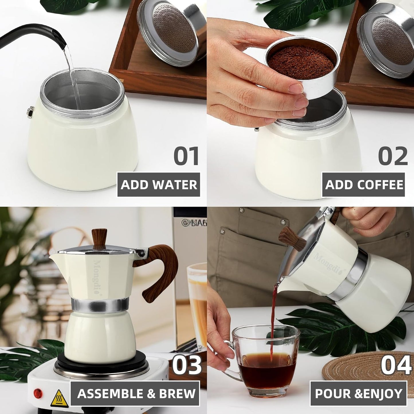 Mongdio Stovetop Espresso Maker Moka Pot, Cuban Coffee Maker Stove top coffee maker Moka Italian Espresso Greca Coffee Maker Brewer Percolator, 3 Espresso Cups, 5 oz - White