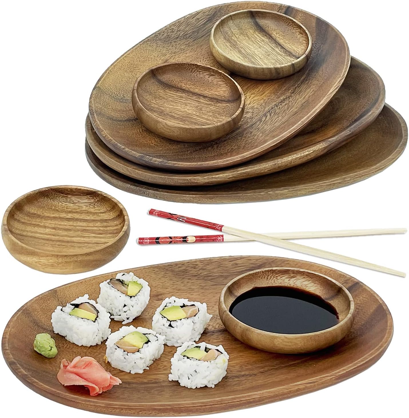 Woodard & Charles 12" Wood Oval Serving Tray with 4" Multipurpose Bowl Perfect for Serving, Sandwiches, Sushi, Chips, Tapas, Hors D'Oeuvre, Charcuterie, Cheese and More, 8 Piece Set