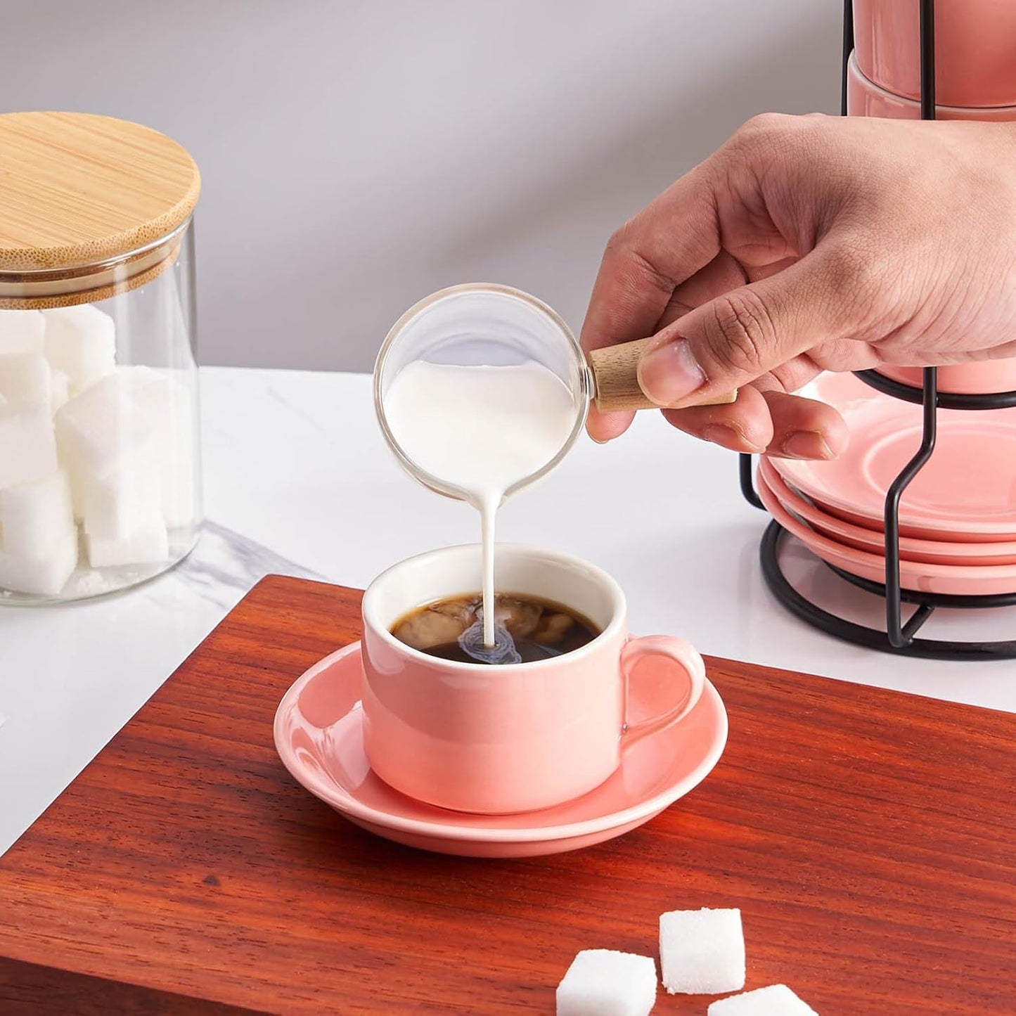 8oz Porcelain Stackable Cappuccino Cups with Saucers and Metal Stand Set of 4, Coffee Cups for Espresso, Specialty Coffee Drinks, Latte, Americano and Tea - Pink