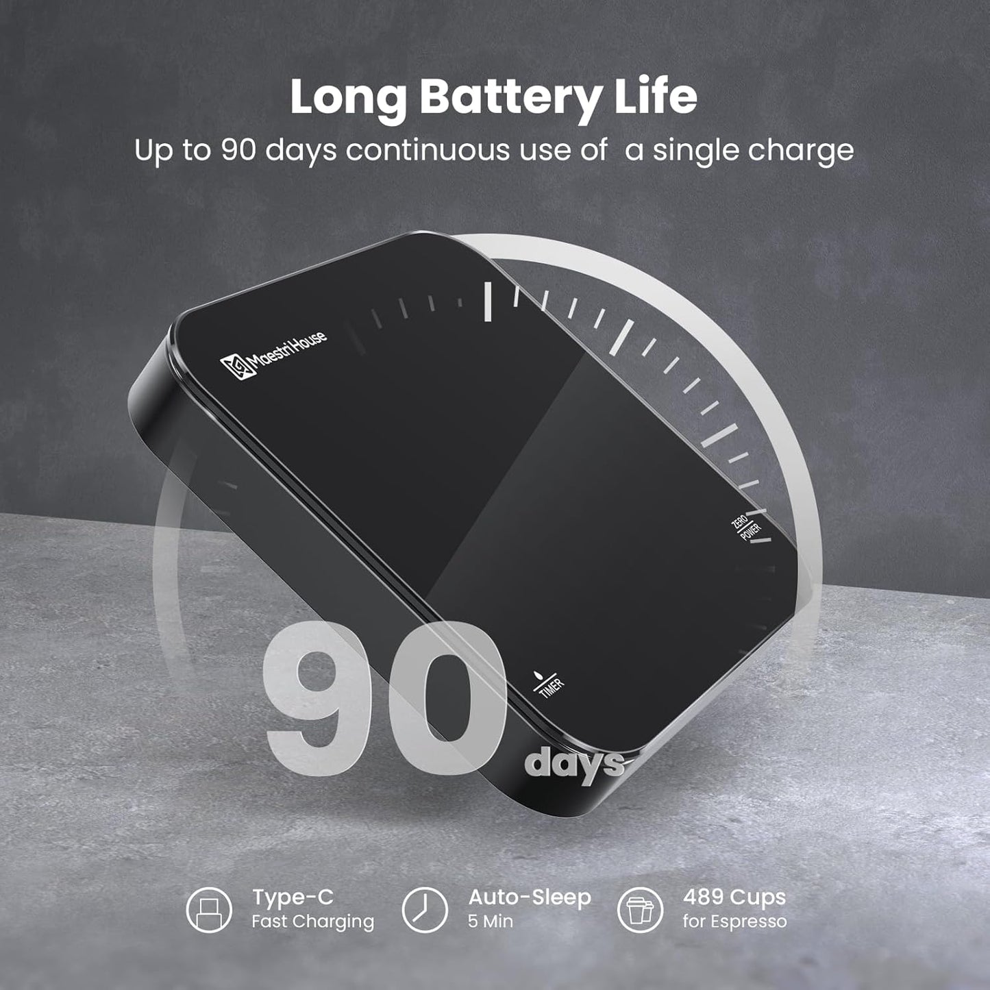 Rechargeable Mini Coffee Scale with Timer, Maestri House Espresso Scale, 2kg/0.1g Accurate Scale for Espresso and Pour-Over Coffee, Portable Digital Kitchen Scale with Automatic Timing（Black）