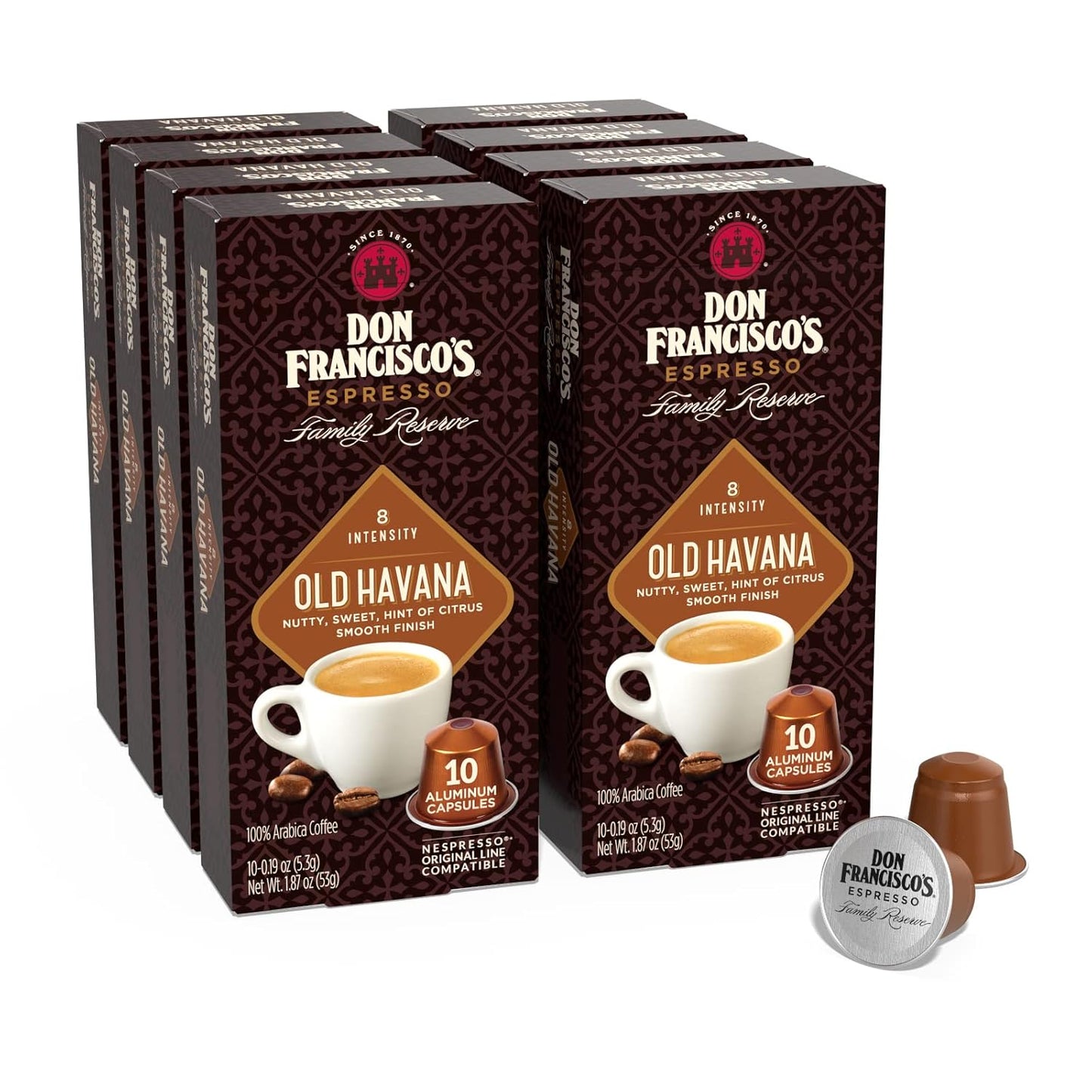 Don Francisco's Old Havana Espresso Pods: 80 Recyclable Aluminum Capsules, Intensity 8 Medium Dark Roast, Nespresso Original Line Compatible - Bold Cuban-Style coffee with Nutty Notes