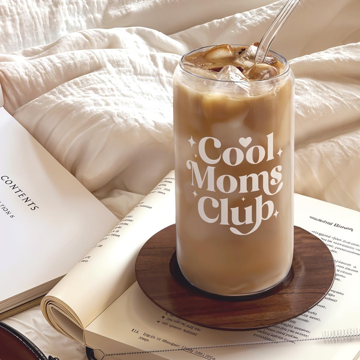 SANDJEST Mom Glass Can, Cool Mom Club Cup with Lid & Straw, Iced Coffee Aesthetic Cups, Idea Gift for Christmas Birthday Mother Day, Gifts for Women, 16oz