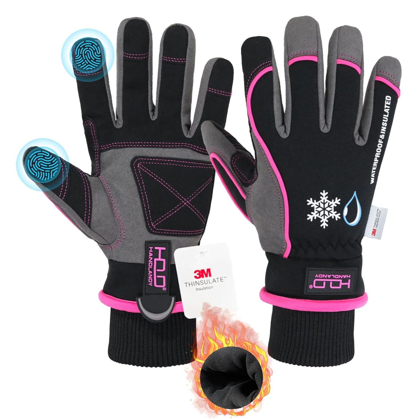 HANDLANDY Waterproof Insulated Work Gloves, 3M Thinsulate Thermal Winter Gloves for Men Women Touch Screen, Warm Ski Snowboard Cold Weather Gloves (Medium, Pink)