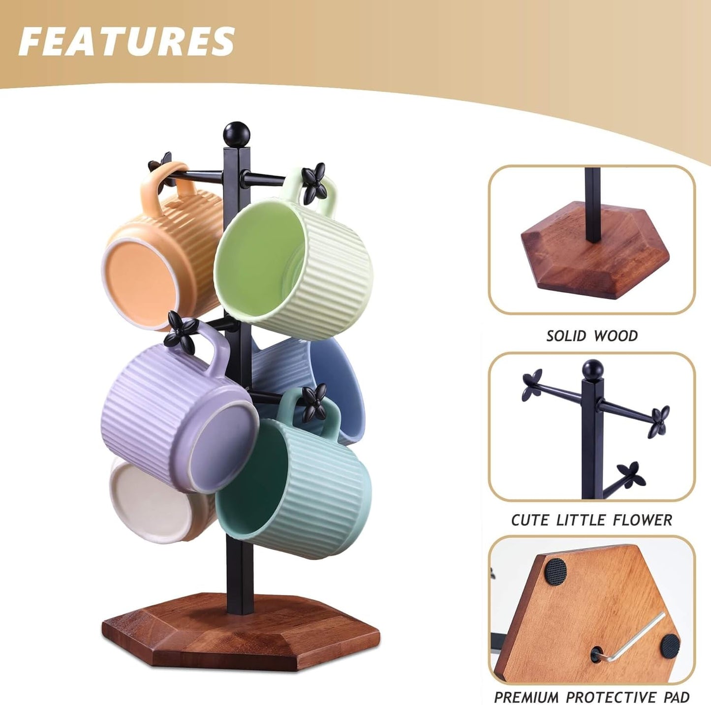 Coffee Mug Holder, Mug Tree for Counter, Cup Holder with 6 Floral Hooks, Wooden Mug Rack, Mug Stand for Counter, Coffee Bar Station Organizer, Black