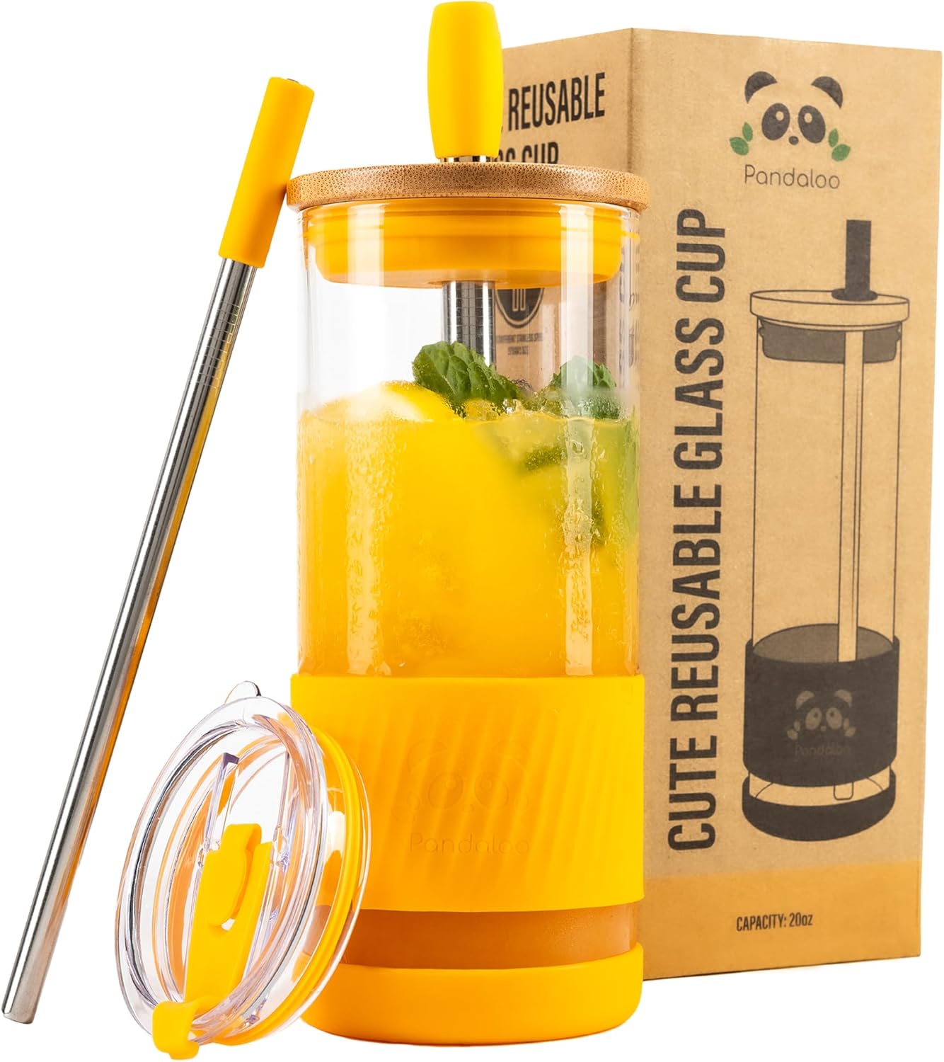 Pandaloo® Glass Cups With Lids and Straws -20 Fl Oz- Perfect Size Iced Coffee Cup - Smoothie Cup With Bamboo Lid and On the go Lid - Glass Tumbler With Straw (1 Count (Pack of 1), Maracuja Dream)