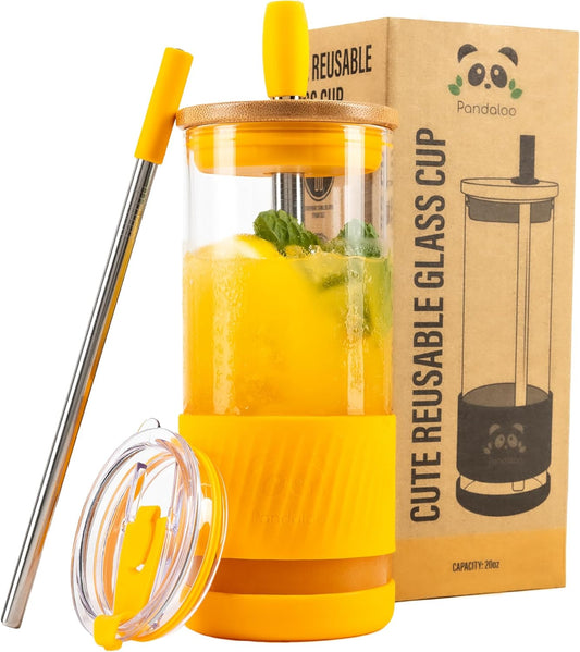 Pandaloo® Glass Cups With Lids and Straws -20 Fl Oz- Perfect Size Iced Coffee Cup - Smoothie Cup With Bamboo Lid and On the go Lid - Glass Tumbler With Straw (1 Count (Pack of 1), Maracuja Dream)