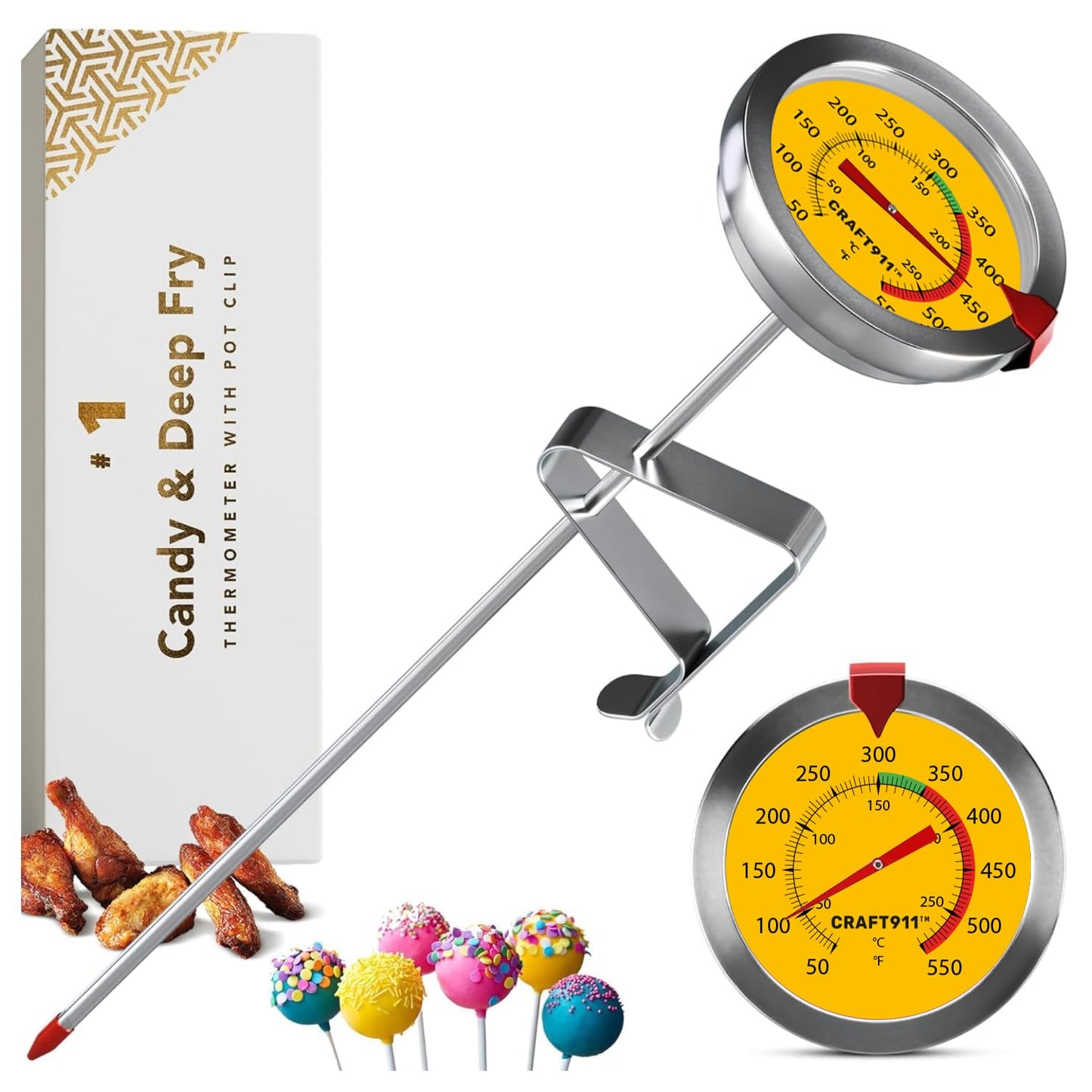 Candy Thermometer with Pot Clip - Deep Fry Oil Thermometer for Frying and Candle Making - Yellow