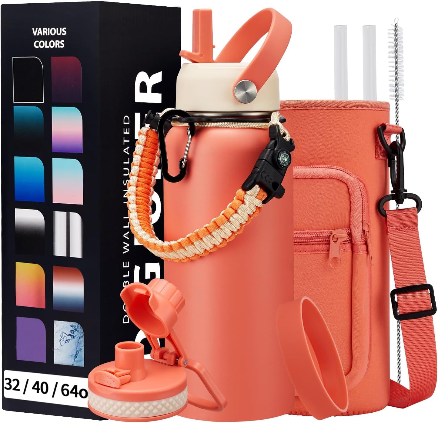 32 oz Sports Water Bottle Insulated - w/Paracord Handle, Straw & Spout Lids, Protective Boot, Sweat Proof Hydro Metal Water Flask Keeps Cold-48H Hot-24H, Travel Thermo Mug for Sports Hiking