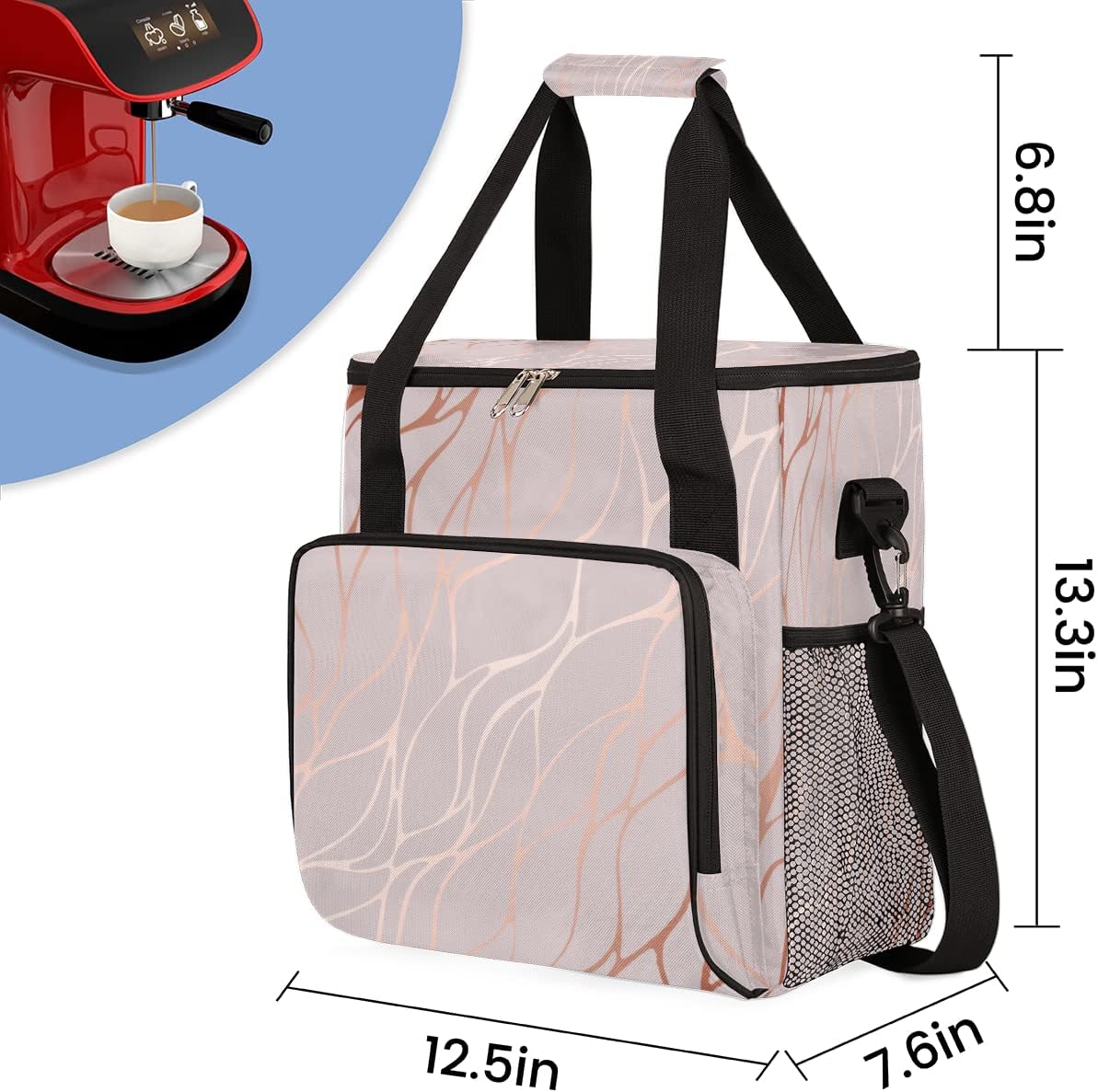 Abstract Rose Gold Marble Coffee Maker Carring Bag Travel Storage Tote Bag Compatible with Keurig K-Mini or K-Mini Plus Portable Single Serve Coffee Brewer Case with Pockets for K-cup Pods