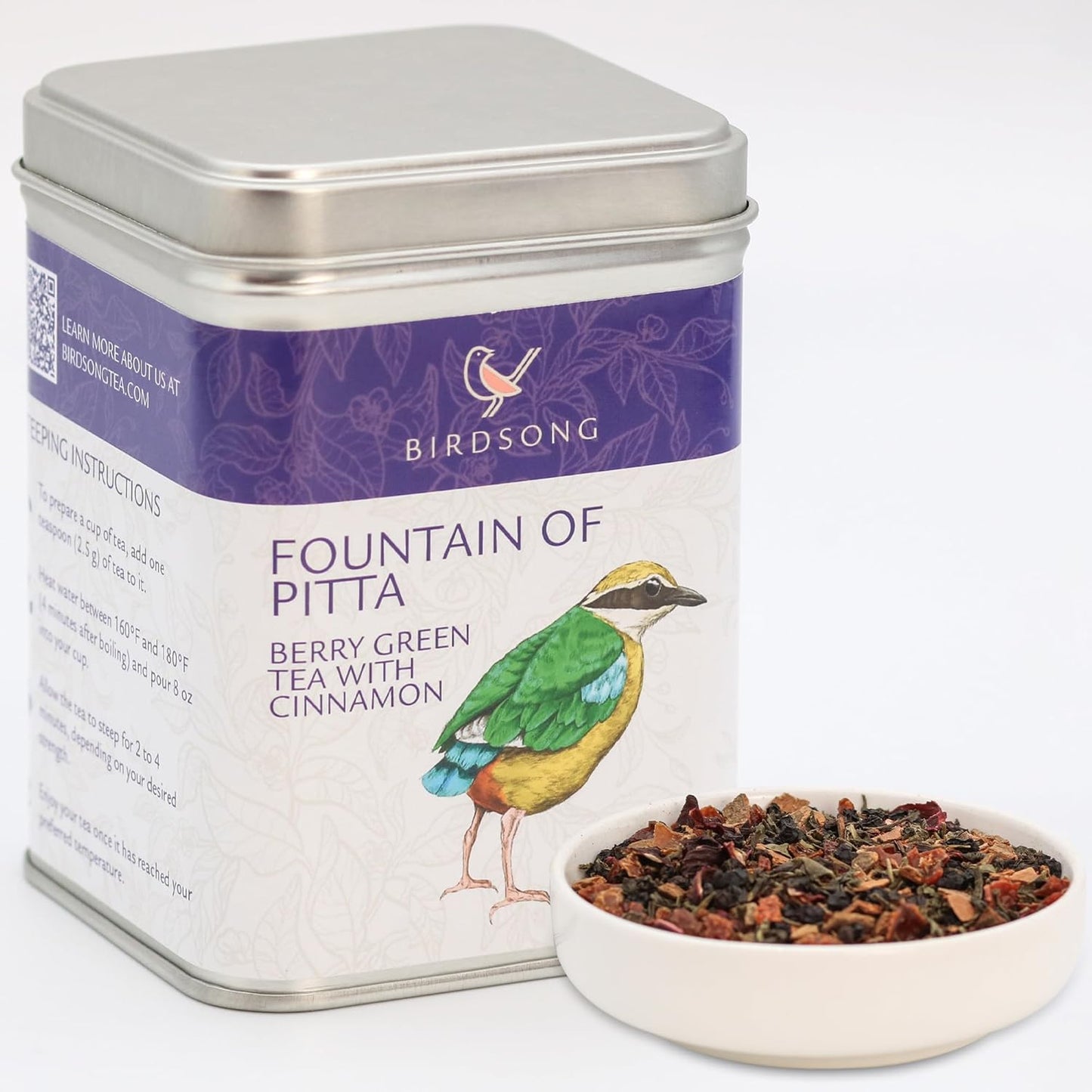 Birdsong Fountain of Pitta: Organic Green Tea Bags with Berries, Rooibos, and Cinnamon | Light, Refreshing and 100% Natural Tea with Health Benefits | 18 Pyramid Tea Sachets