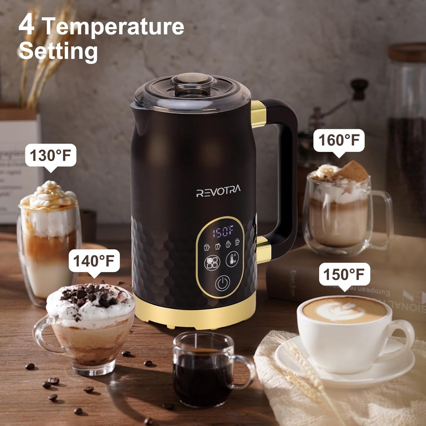 Milk Frother, 4-in-1 Electric Foam Maker with Touchscreen & Temp Display, Hot & Cold Milk Steamer with Non-Stick Coating, Silent Operation for Coffee, Latte, Cappuccino, Matcha, Hot Chocolate