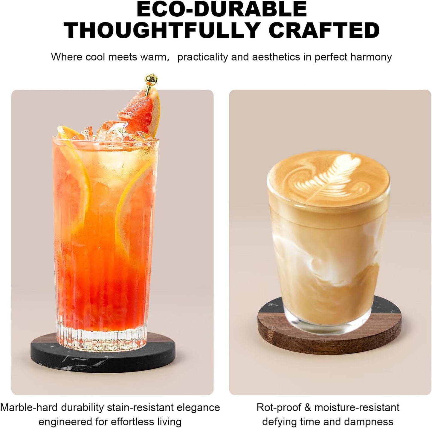 Marble Coasters: 4-Piece Set of Acacia Wood Marble Coasters, Suitable for Kitchens, Offices, and can be Used as Gifts (Black Round)