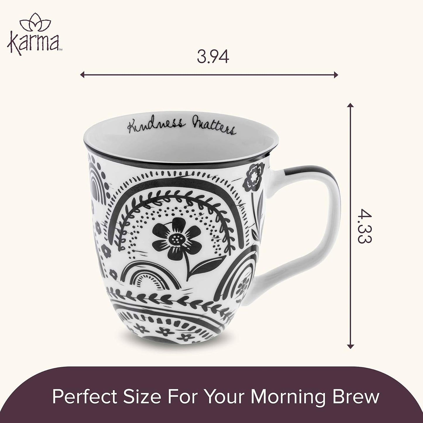 Karma Gifts 16 oz Black and White Boho Mug Rainbow - Cute Coffee and Tea Mug - Ceramic Coffee Mugs for Women and Men, 4.25" x 3.7"