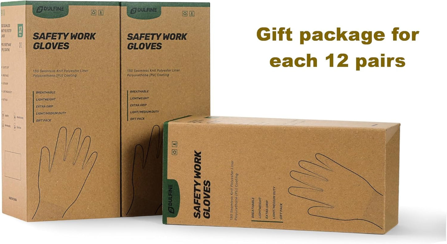 DULFINE Safety Work Gloves PU Coated-12 Pairs,Grey Seamless Knit Glove with Polyurethane Coated Smooth Grip on Palm & Fingers, for Men and Women, Ideal for General Duty Work (Small)