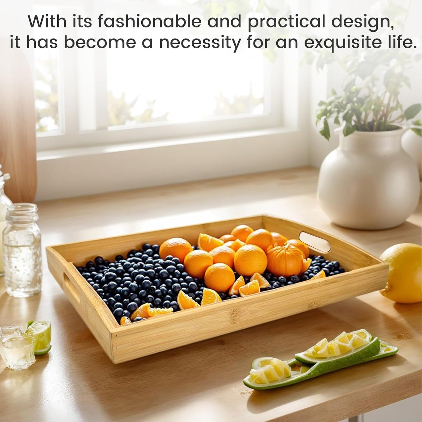Larger Bamboo Serving Tray with Handles - Decorative Wooden Trays for Eating, Working, and Storing, Suitable for Use in Bedroom, Living Room, Kitchen, Bathroom, Outdoor Scenarios and More
