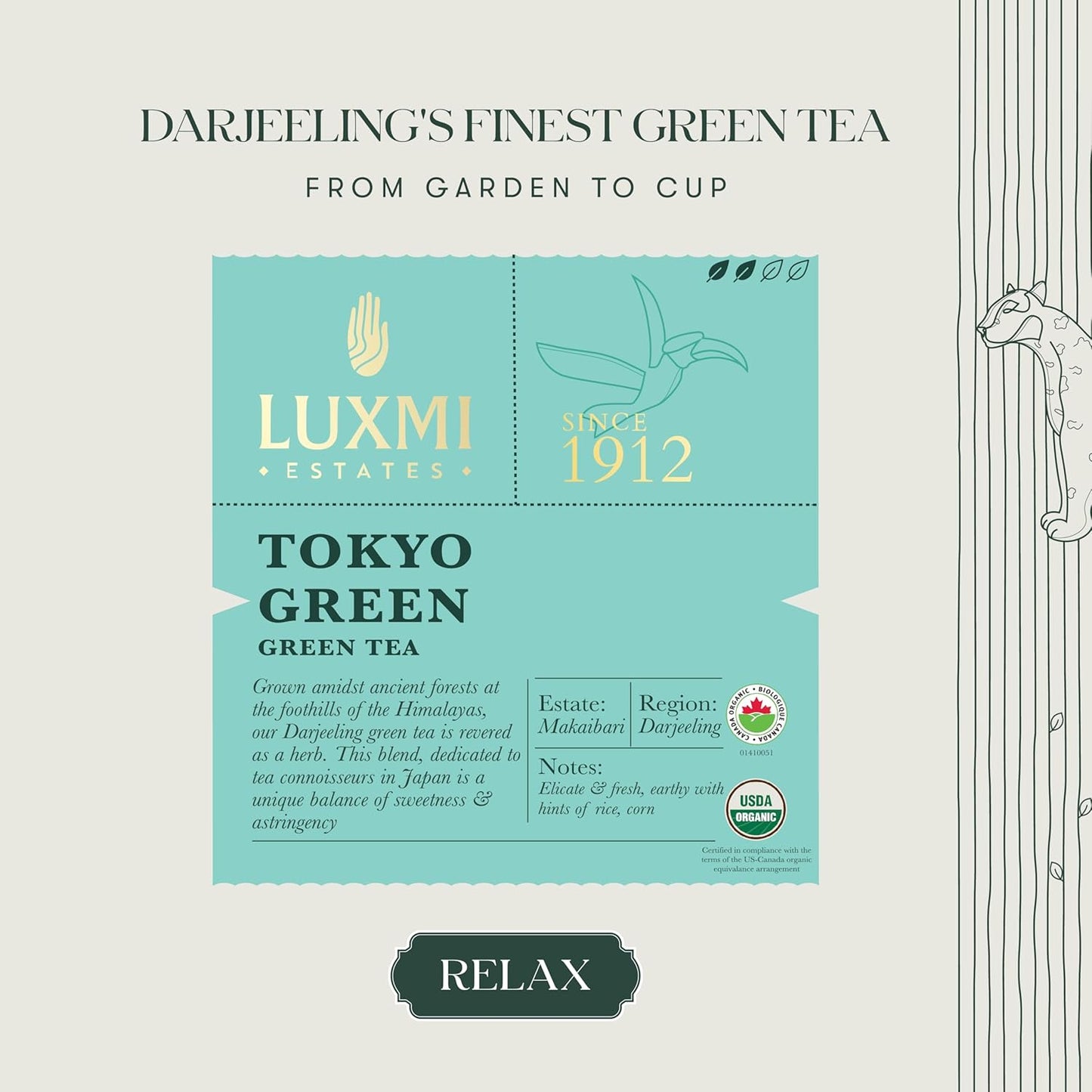 Luxmi Estates Tokyo Green Organic Green Tea (25 Tea Bags) Tea Bags For Relaxing, Calming, and Stress Relief, With Certified Organic Darjeeling Makaibari Green Tea