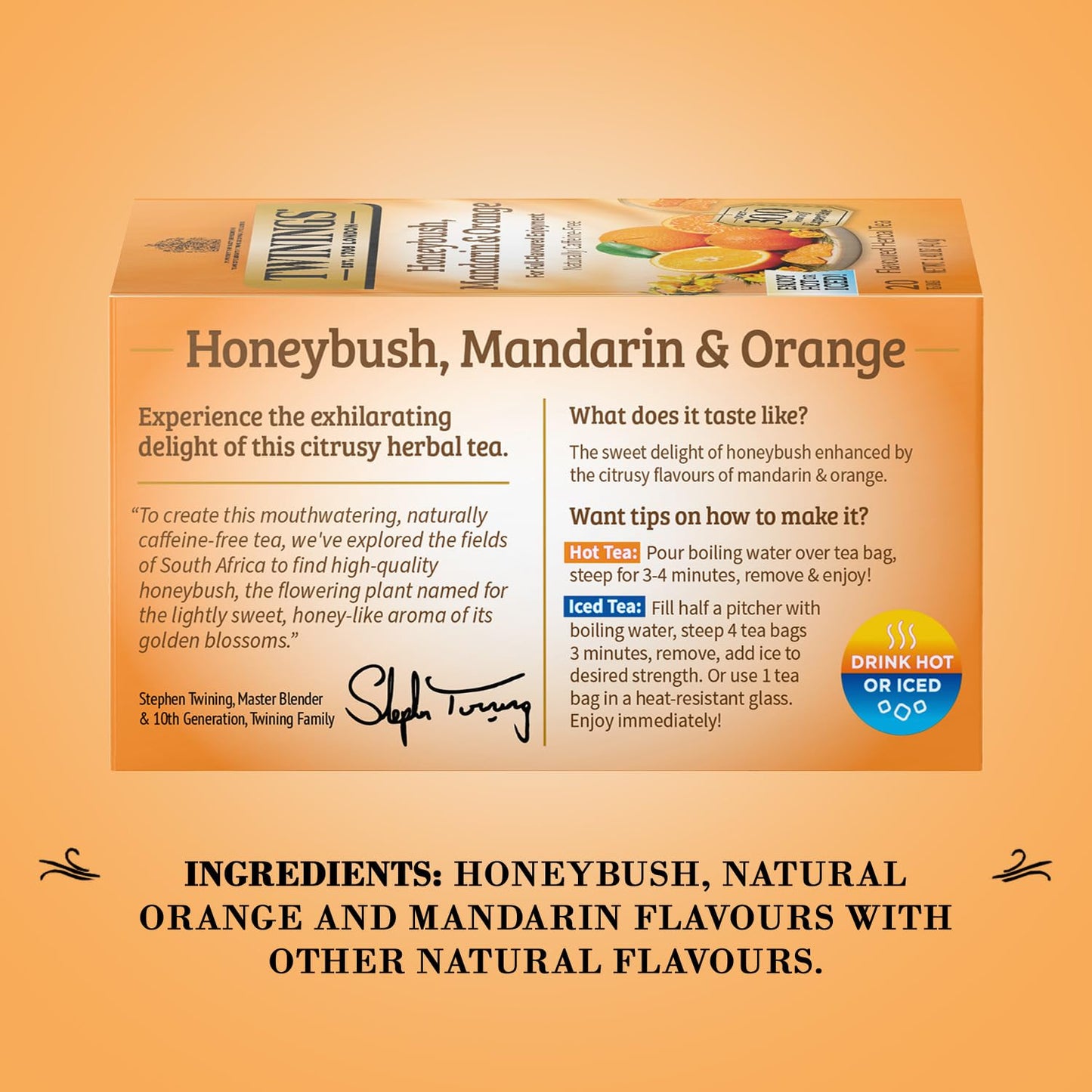 Twinings Honeybush, Mandarin, & Orange Herbal Tea Individually Wrapped Bags, 20 Count (Pack of 1), Naturally Caffeine-Free, Enjoy Hot or Iced, 20 Teabags