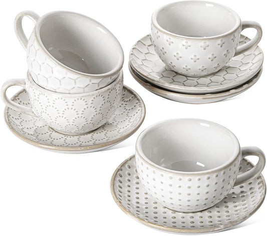 LE TAUCI Espresso Cups with Saucers 3 oz, Ceramic Embossment Coffee Cup for Double shot, Lungo, Ristretto,Dishwasher Safe - Set of 4, Arctic white