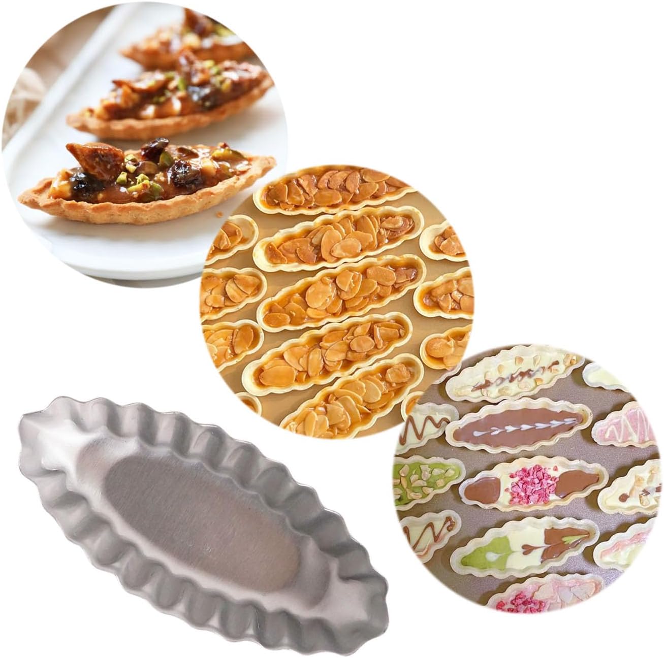 10PCS Aluminum Boat Tart Pan, Fluted Oval Tart Mold, Small Boat Shape Baking Mold, Wavy Tartlet Pie Pans, Pudding Molds Flower Edge Trays Specialty Design - Silver