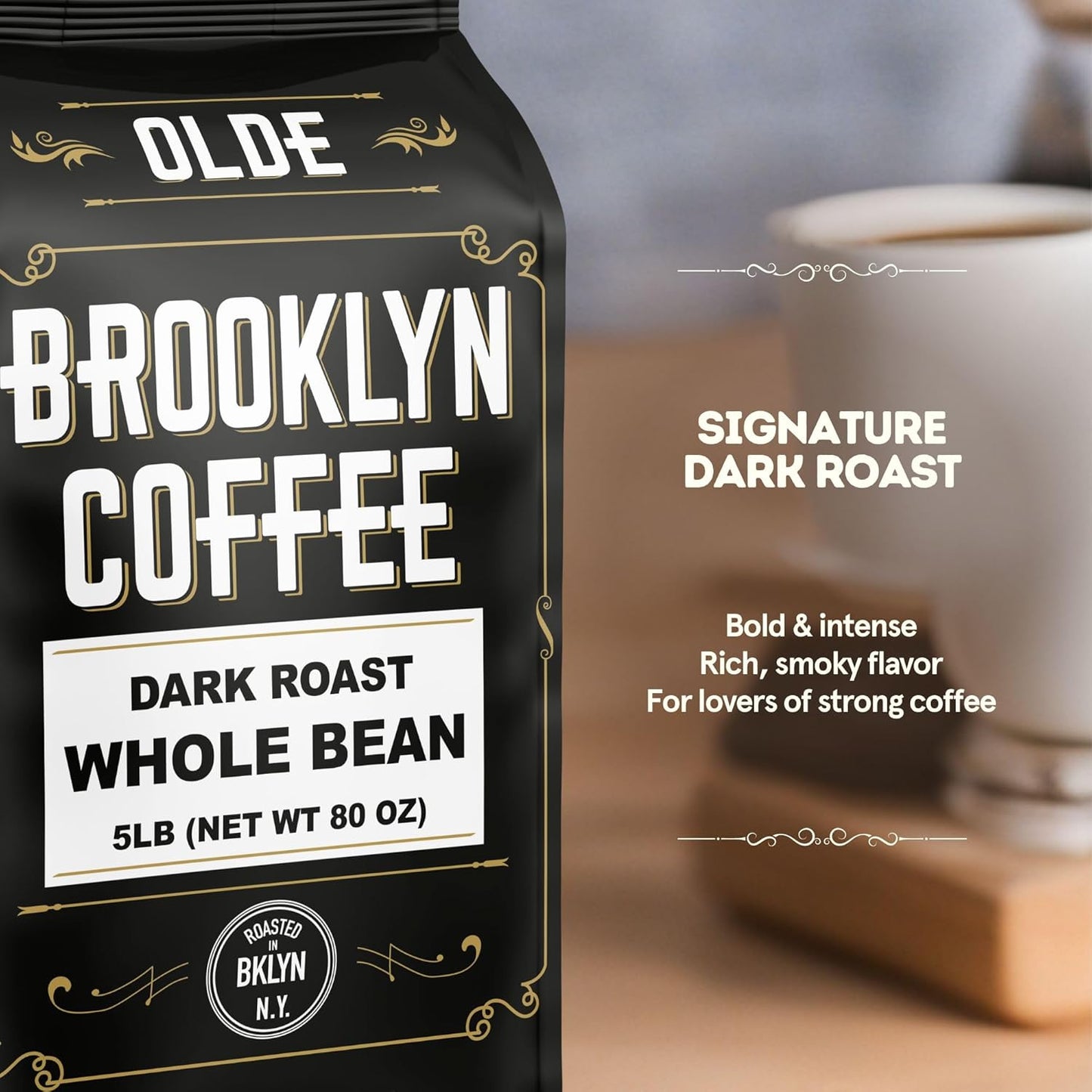 BROOKLYN COFFEE Whole Bean, Classic Dark Roast (5lb) Bold, Smooth Taste, Intense Aroma - Fresh Bulk Coffee Beans Roasted Weekly in NYC