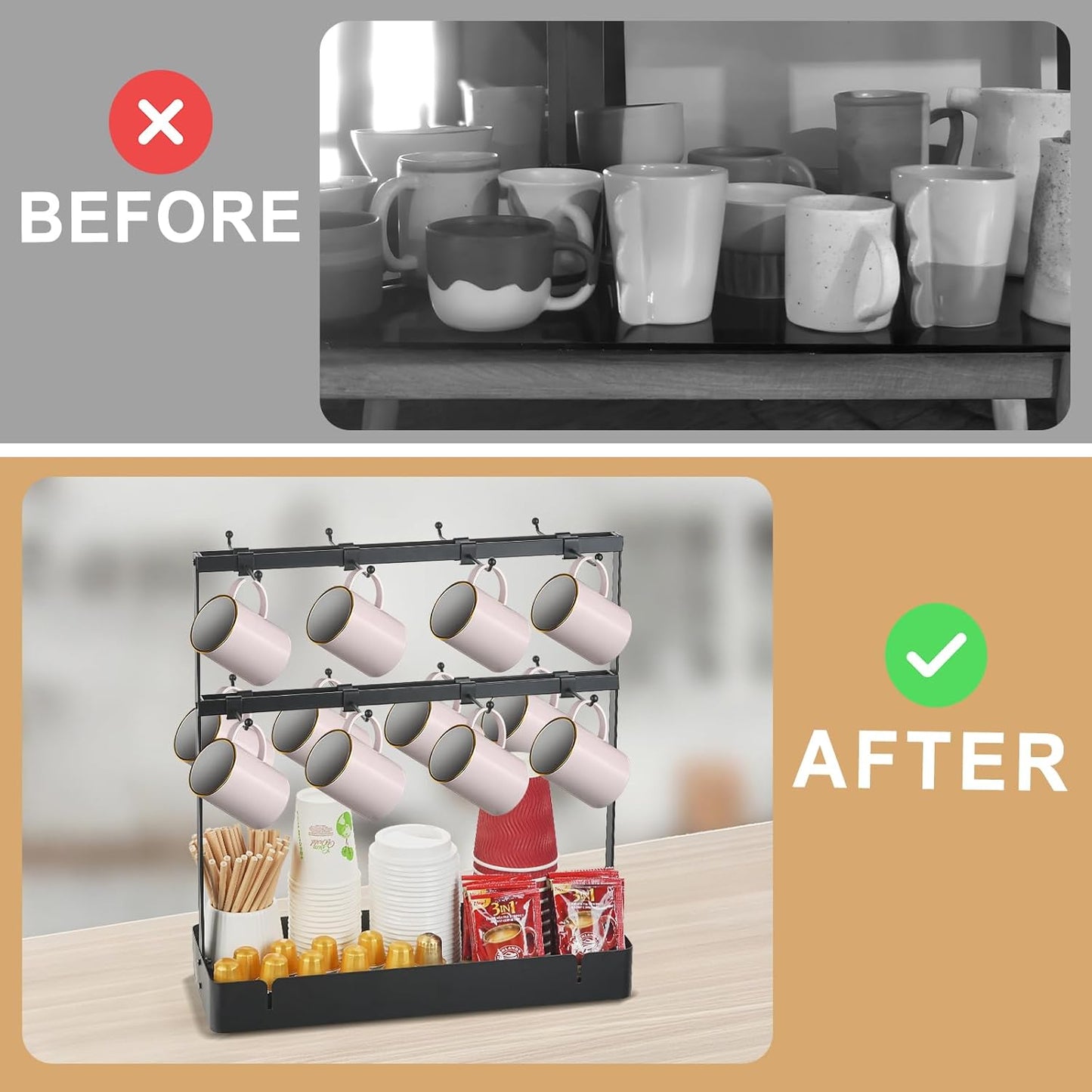 Coffee Mug Holder for Countertop, Cup Holder Rack with Slidable 16 Hooks, Large Mug Holder with Storage Base for Coffee Bar, Kitchen, Dining Room - Black