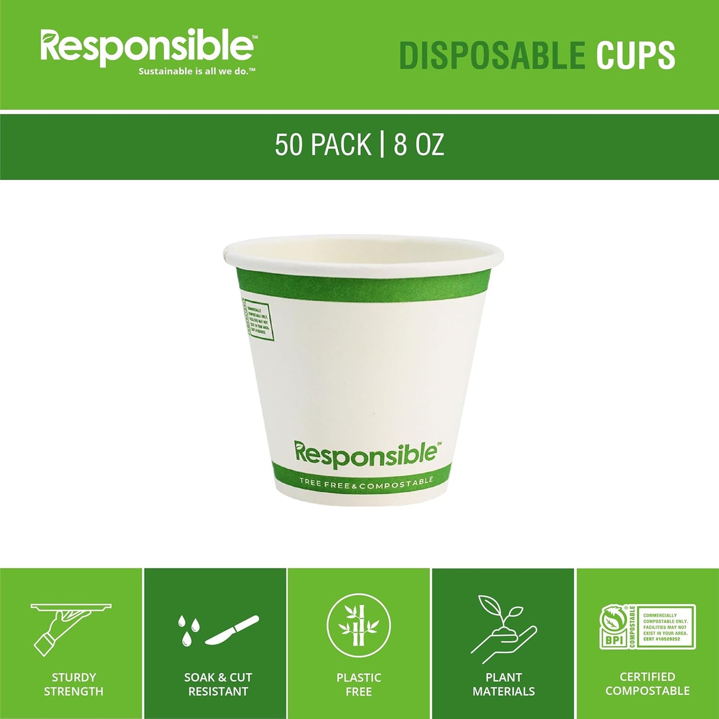 Certified Compostable 8 oz Paper Cups, Cold ＆ Hot Coffee Cups, Disposable Paper Cups, Extra Strength Disposable Cups, Made without PFAS (50 count)