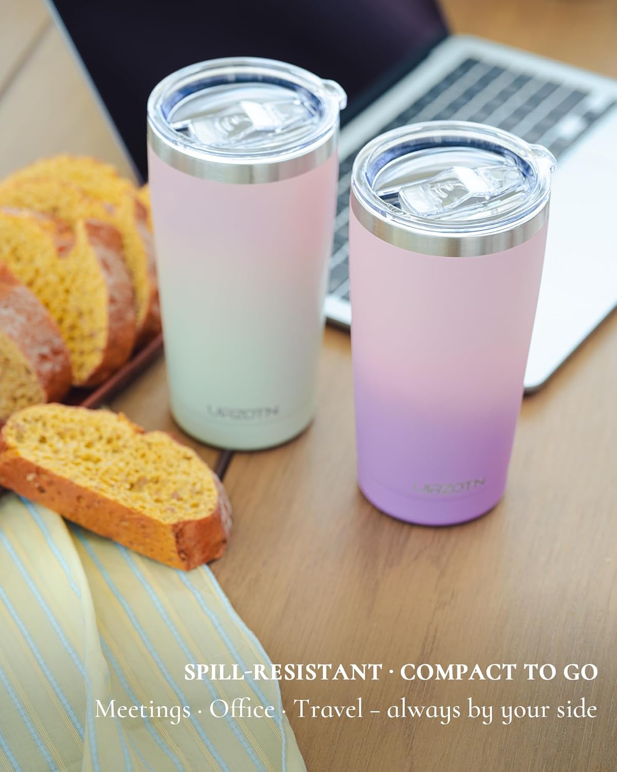 Travel Coffee Tumbler 20oz, Leakproof Travel Coffee Mug with Lid and Straw, Stainless Steel Double Wall Vacuum Insulated Tumbler for Hot/Iced Drinks (Textured Matte, Soft Pink-Lilac Pink Fade)