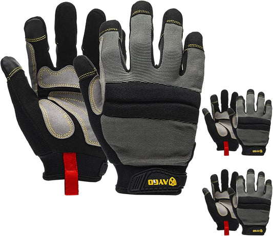 KAYGO Work Gloves For Men, KG125M Mechanic Utility Work Gloves for All Purpose, Excellent Grip, Heavy Duty, Improved Dexterity, Touch Screen,X-Large,3 Pair