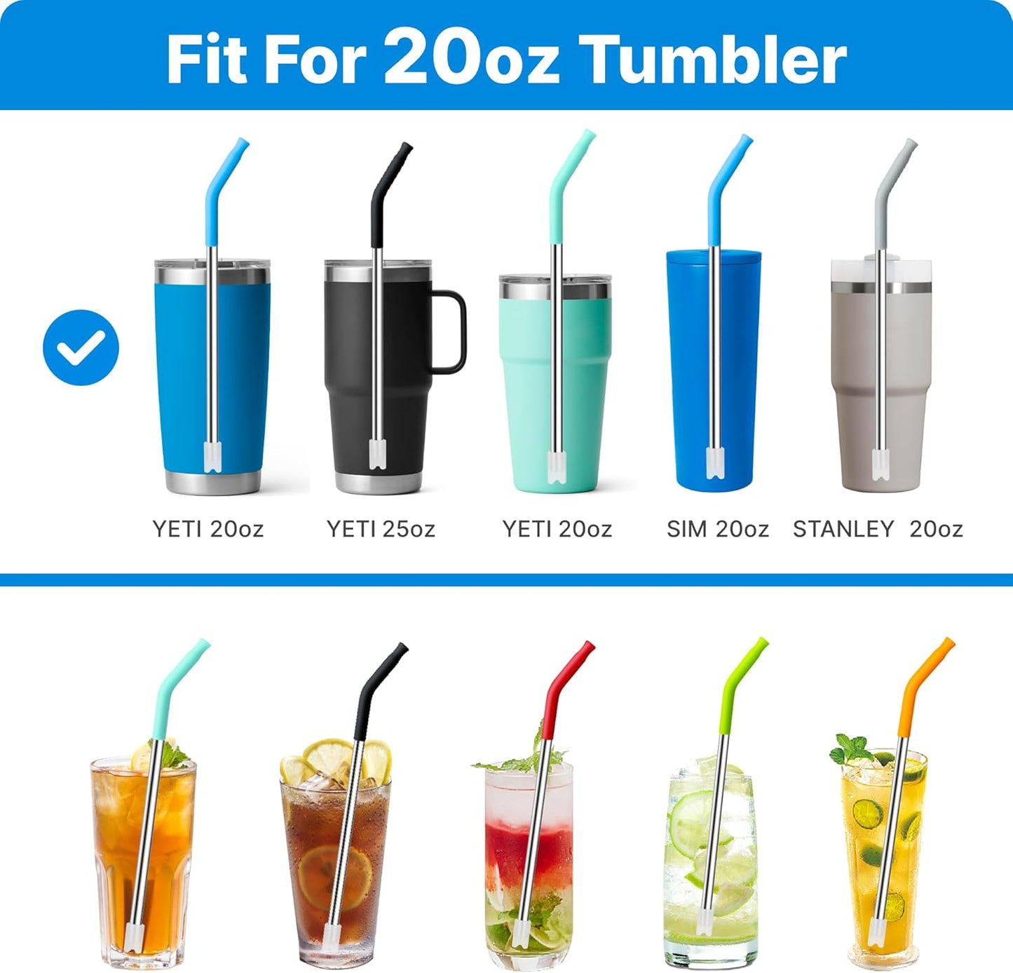 Stainless Steel Straws for 20 oz YETI Tumbler, 4 Pcs Metal Straws Reusable with Silicone Tip for 20 oz Stanley Cup and 16 oz Glass Cups(Color 3)