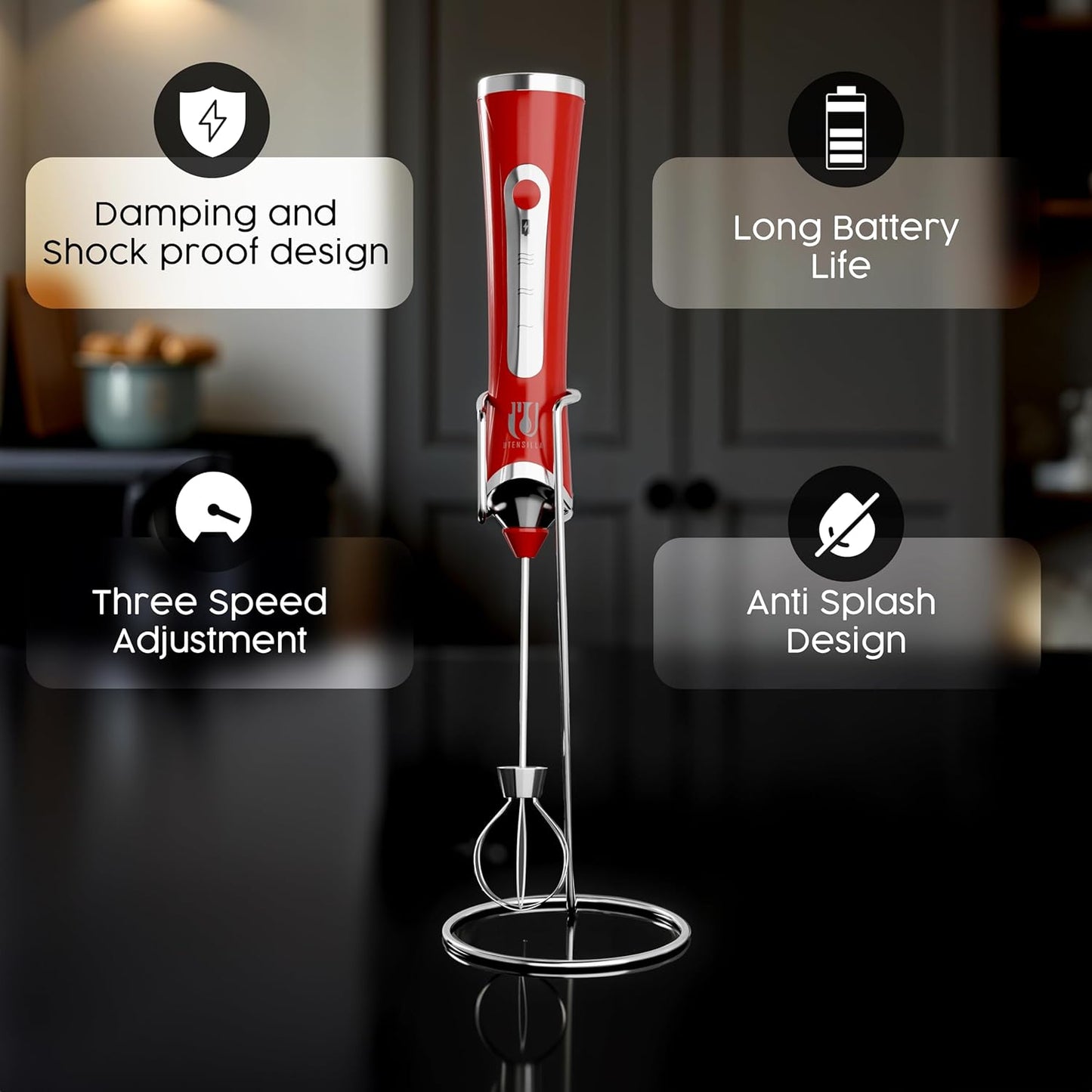Rechargeable Handheld Milk Frother - Electric Foam Maker - Portable Coffee Frother Wand with 2 Heads - Stainless Steel Electric Whisk for Coffee, Latte, Cappuccino, Macchiato, Hot Chocolate (Red)