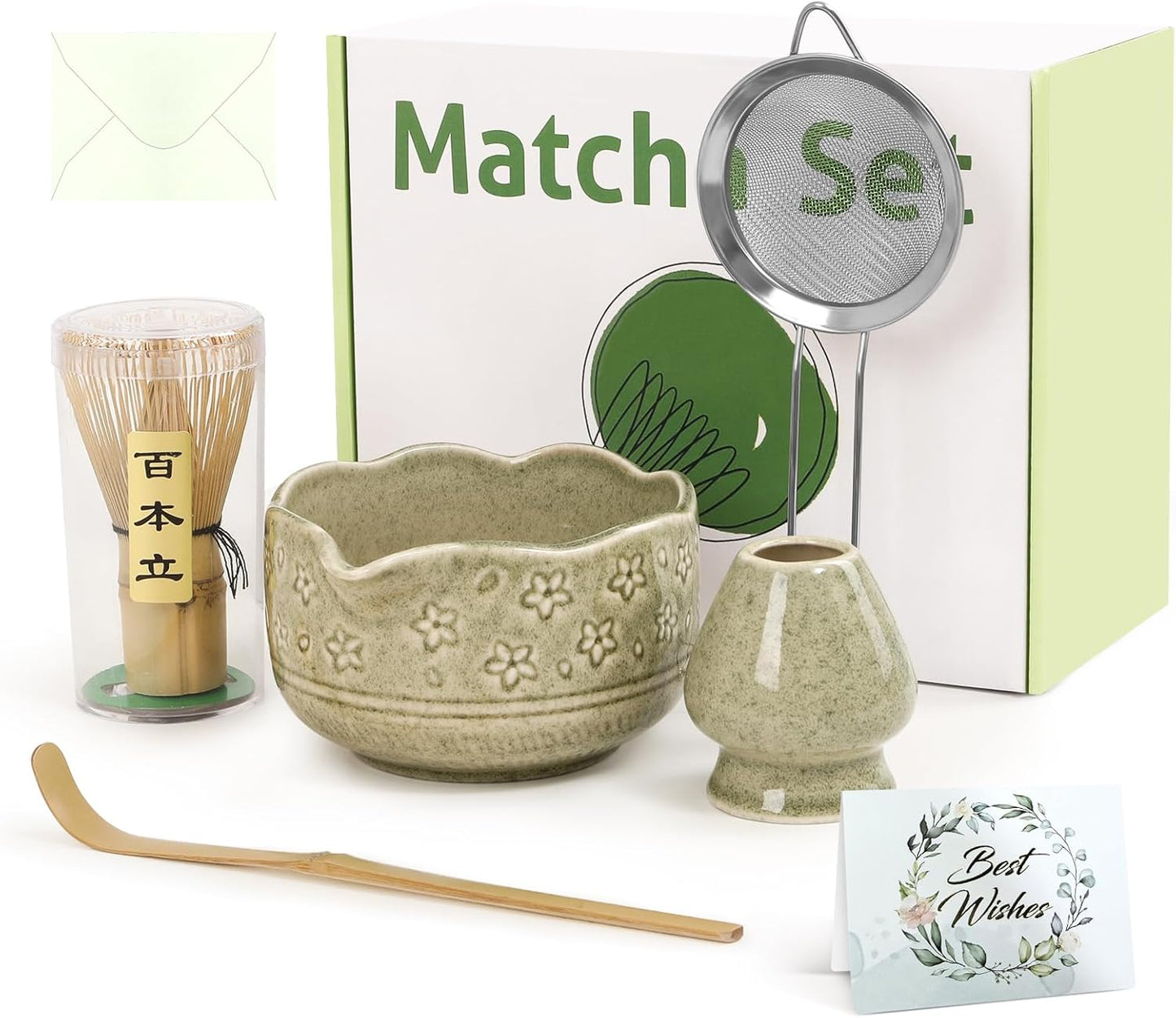 Premium Matcha Whisk Set - 6Pcs Japanese Tea Ceremony Kit with Ceramic Matcha Bowl and Whisk, Bamboo Scoop, Whisk Holder, Stainless Sifter, Birthday Christmas Gift for Matcha Lover