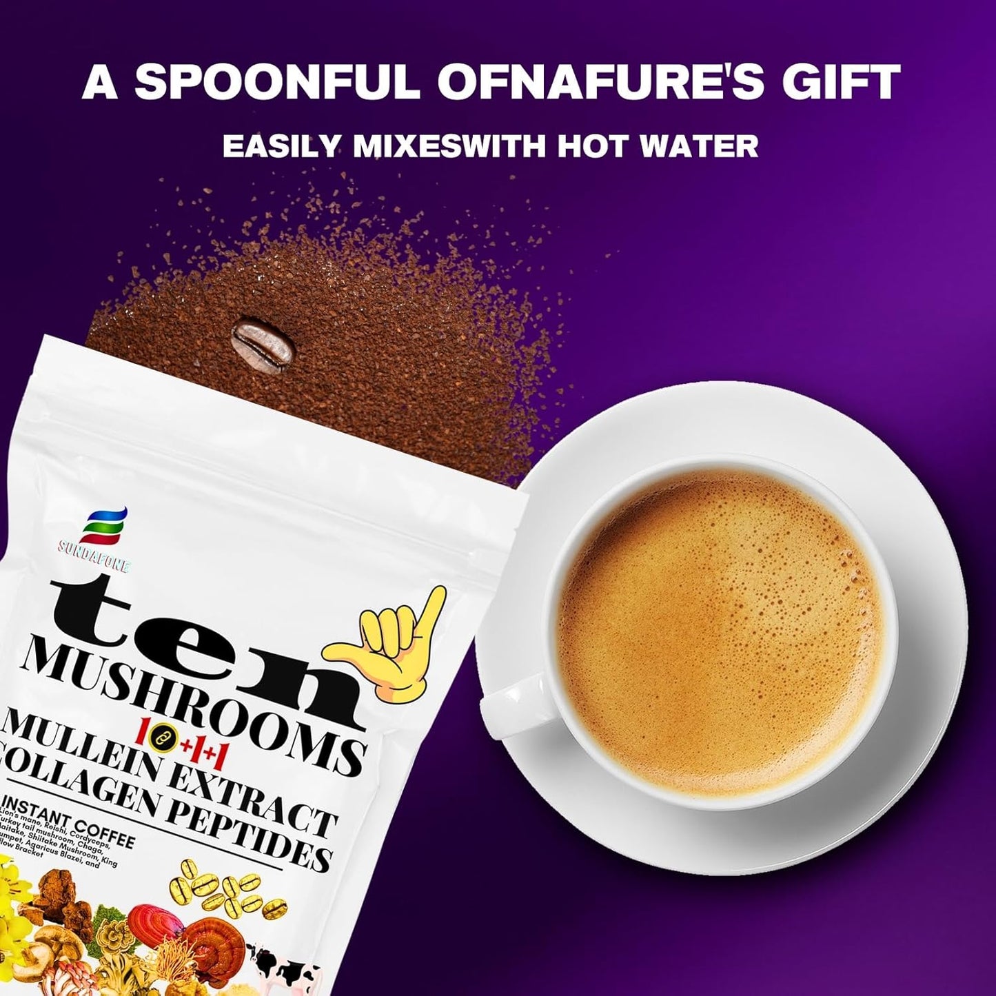 SUNDAFONE Mushroom Coffee with Grass-Fed Collagen, Mullein,Lion's Mane,Reishi and 10 Adaptogenic Mushrooms for Focus,Immunity,Memory,Clarity,Breathing,Skin; Super Instant Collagen Coffee Blend