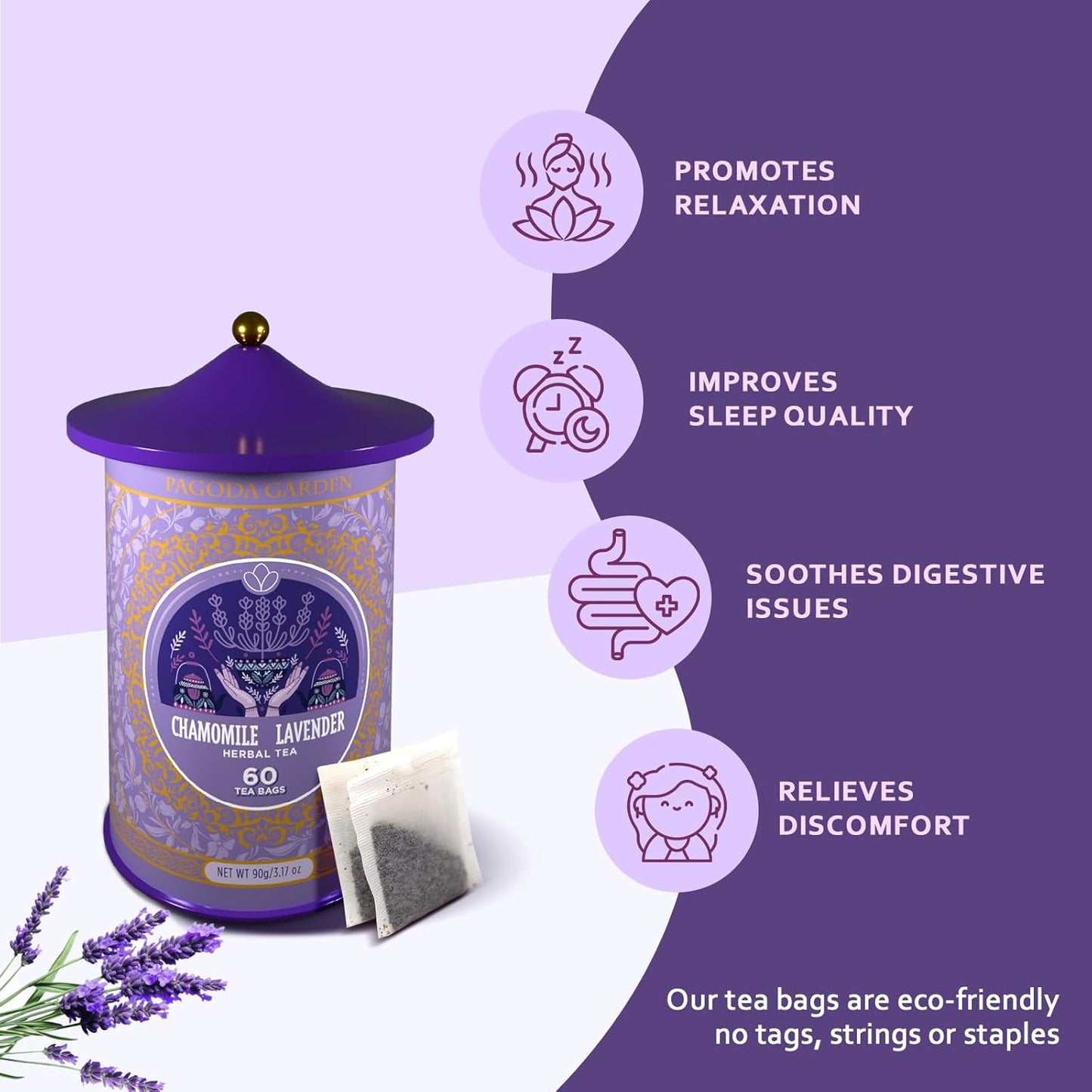 Life Plus Style Gourmet Pagoda Garden Chamomile Lavender Organic Herbal Tea Caffeine Free Hot or Iced Floral Blend Natural Delicious Sleep Tea 60 Tea Bags