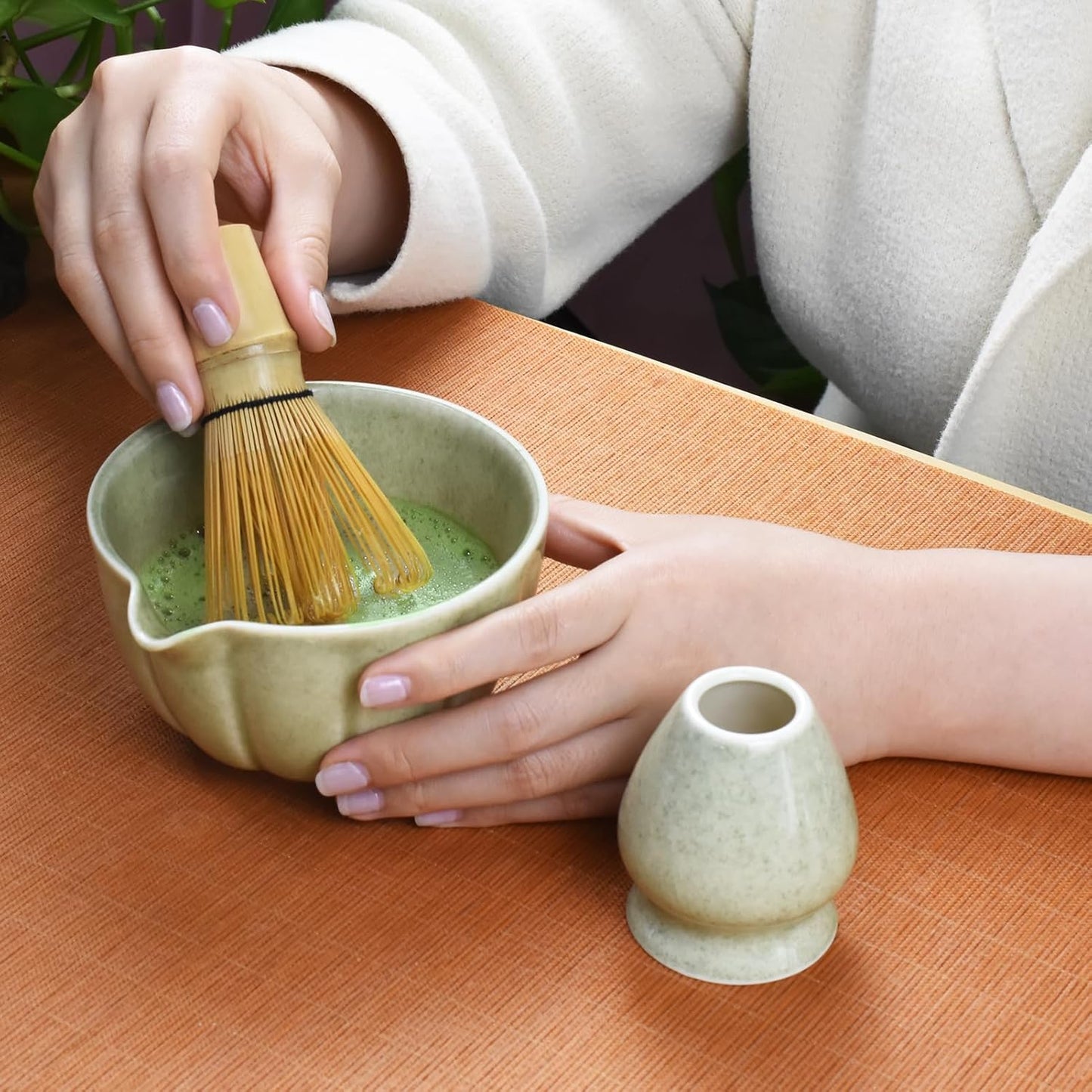 Artcome 7 Pcs Japanese Matcha Tea Set - Matcha Bowl with Pouring Spout, Matcha Whisk, Tea Scoop, Whisk Holder, Handmade Matcha Ceremony Kit For Japanese Tea Ceremony, Mottled Green