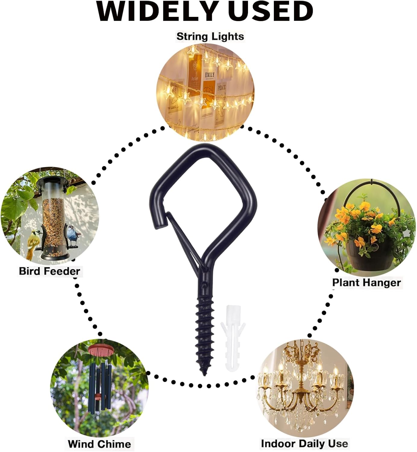 50 PCS Black Eye Screw Hooks for Hanging Heavy Duty with Safety Buckle.Metal Ceiling Hooks for Hanging Plants Cup Wind Chime Bird Feeders Patio Lights at Indoor&Outdoor