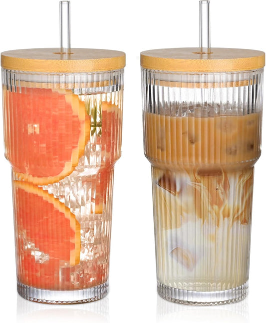 20oz Glass Cups with Lids and Straws,2PCS Ribbed Glass Coffee Cups,Iced Coffee Cups with Lid,Vintage Bamboo Tumbler for Juice,Smoothies