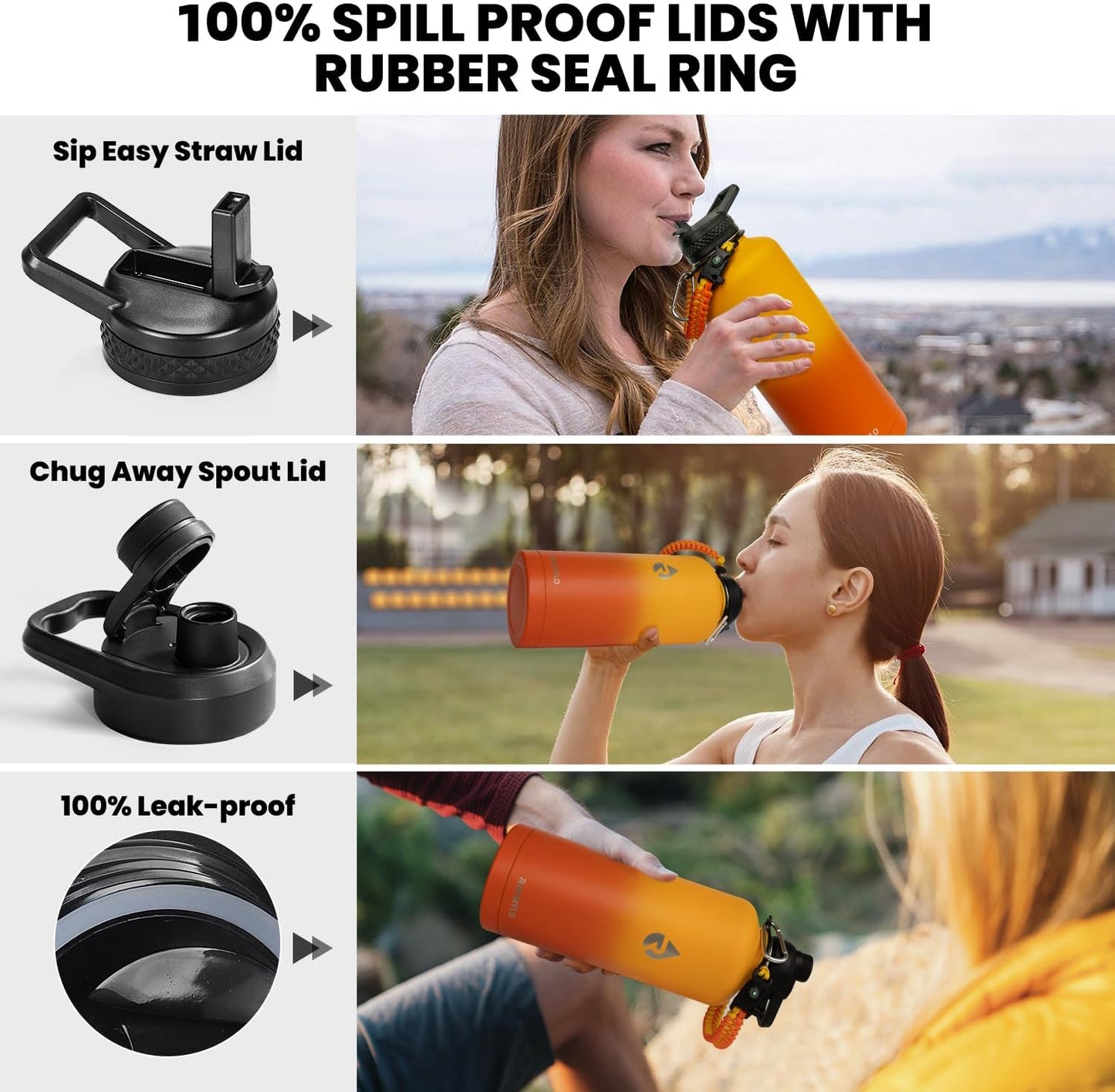 Insulated Water Bottle 87 oz, Triple Wall Vacuum Stainless Steel (Cold for 48 Hrs), Leak Proof & Non-BPA, Modern Water Flask Jug with Paracord Handle & Straw Spout Lids, Ombre Orange