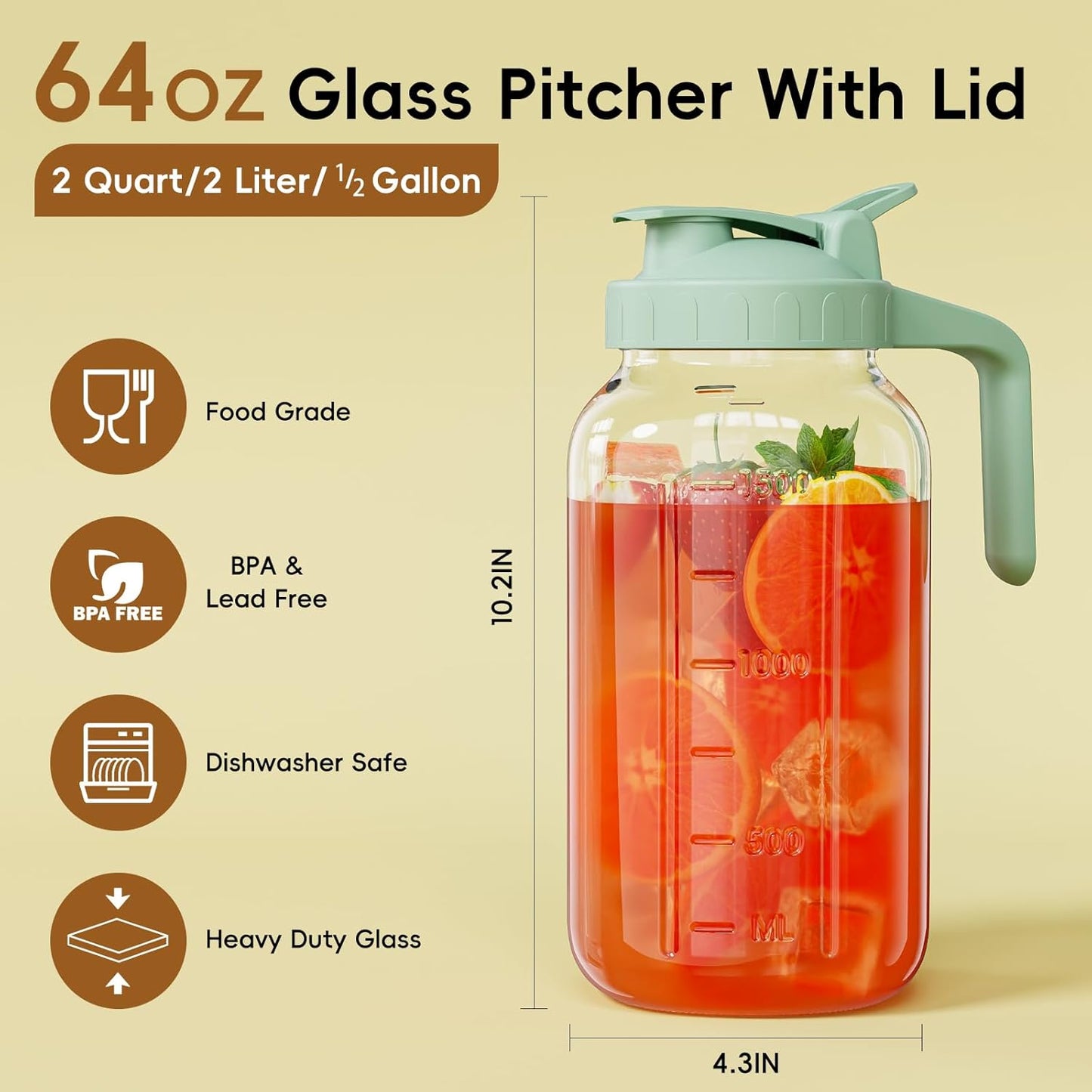 Glass Mason Jar Pitcher, 64 oz Wide Mouth Jug with Pour Spout Handle Lid for Cold Brew Coffee, Ice Beverage, Iced Juice, Lemonade, Sun Tea, Fruit Drinks Container（Green）